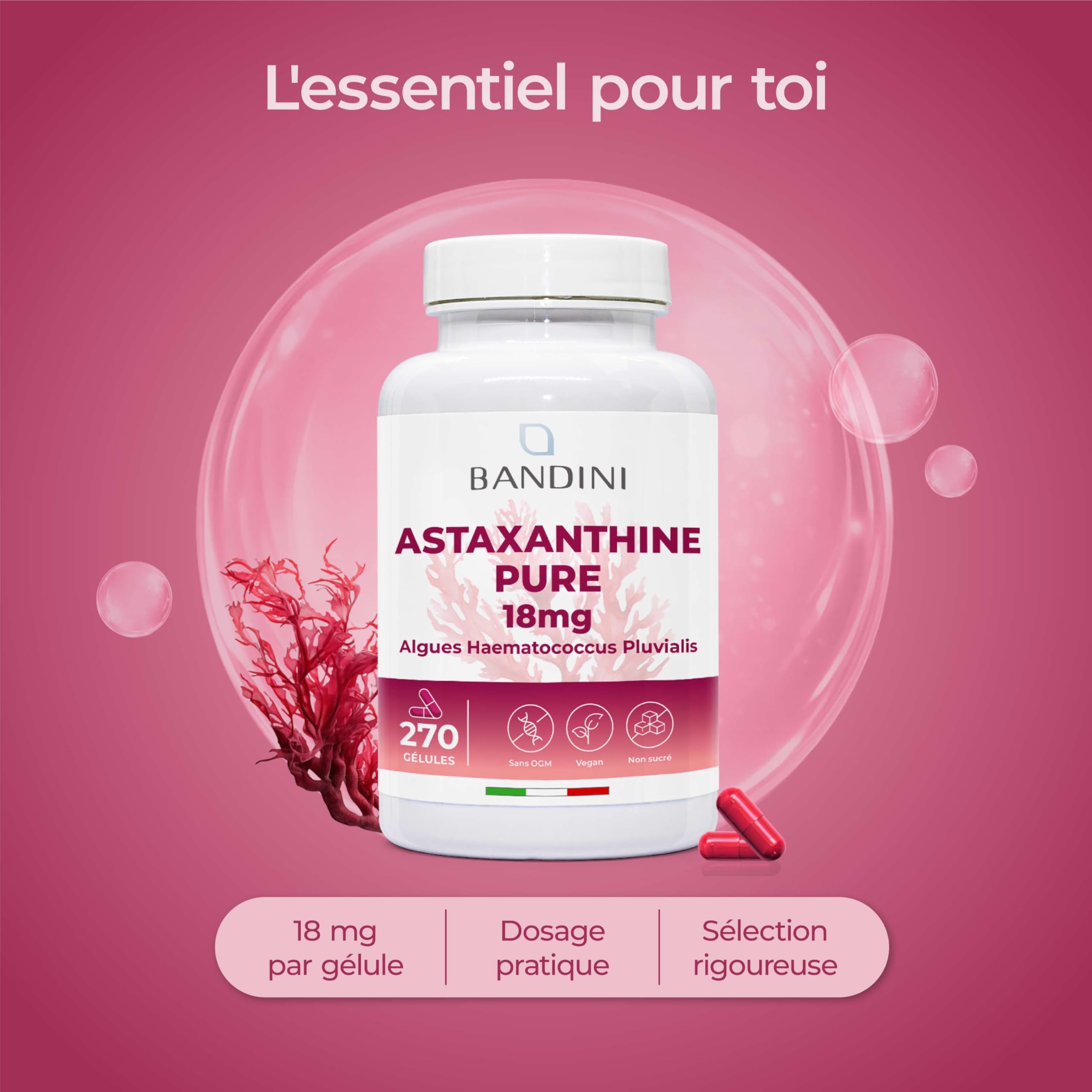 Bandini® Astaxanthine pure 18 mg d'Algue Haematococcus Pluvialis | 270 gélules pour 9 mois | Concentration & Biodisponibilité Élevées | Antioxydant naturel et puissant | Sans Additifs, 100% vegan