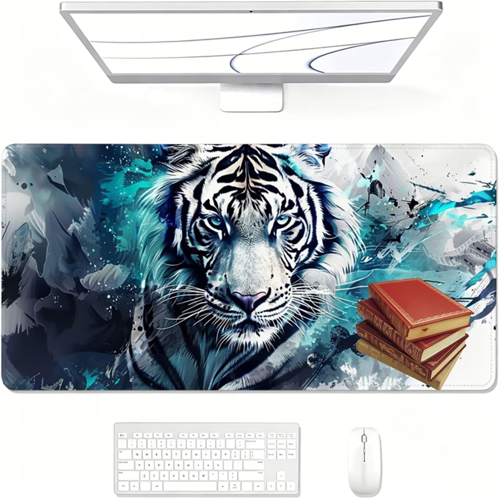 Tapis de Souris, 900 x 400 x 3 MM Tapis de Souris Bleu, Grand Tapis Souris de Jeu avec Tigre, Imperméable, Texturée Résistant à Usure Lavable, pour Gamer, la Maison et Le Bureau XF-472