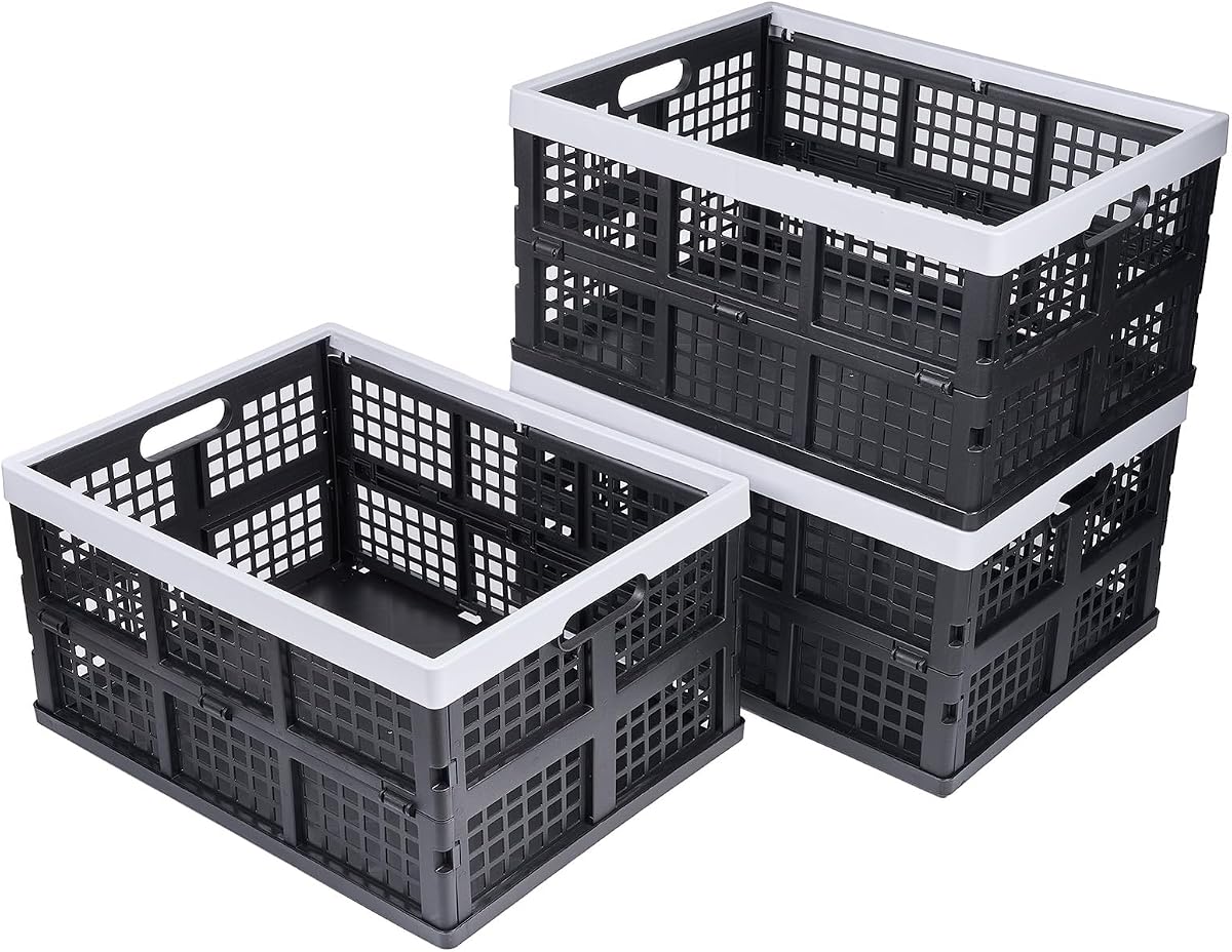 Aebeky 3-Pack Plastic Collapsible Storage Crates-30L,Foldable Plastic Crates for Storage (Black+Gray)