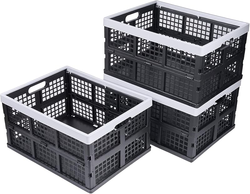 Aebeky 3-Pack Plastic Collapsible Storage Crates-30L,Foldable Plastic Crates for Storage (Black+Gray)