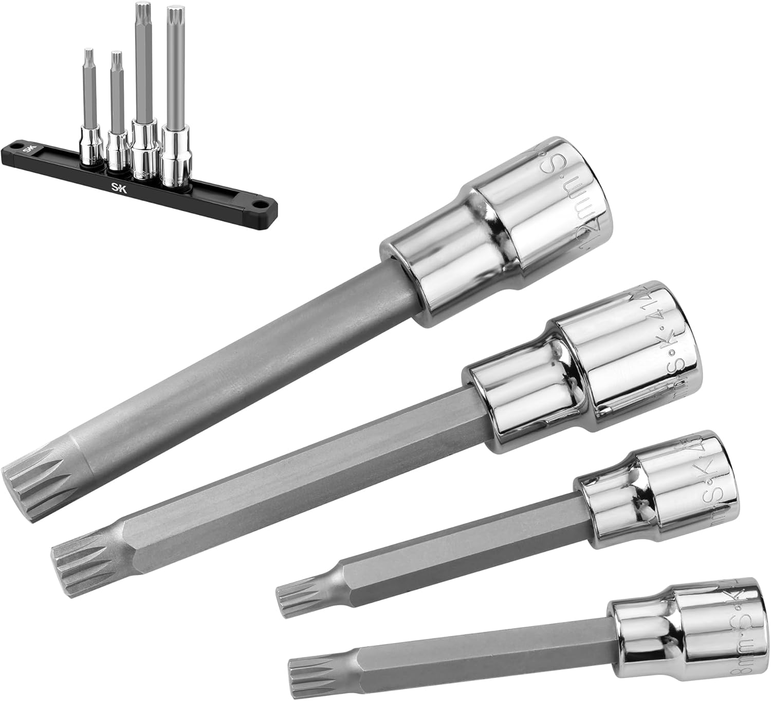 SK Tools USA 3/8" & 1/2" Drive Triple Square Bit Socket Set, 4-Piece, Metric 6MM - 12MM, SuperKrome Finish, S2 Alloy Steel Bits, with Storage Rail