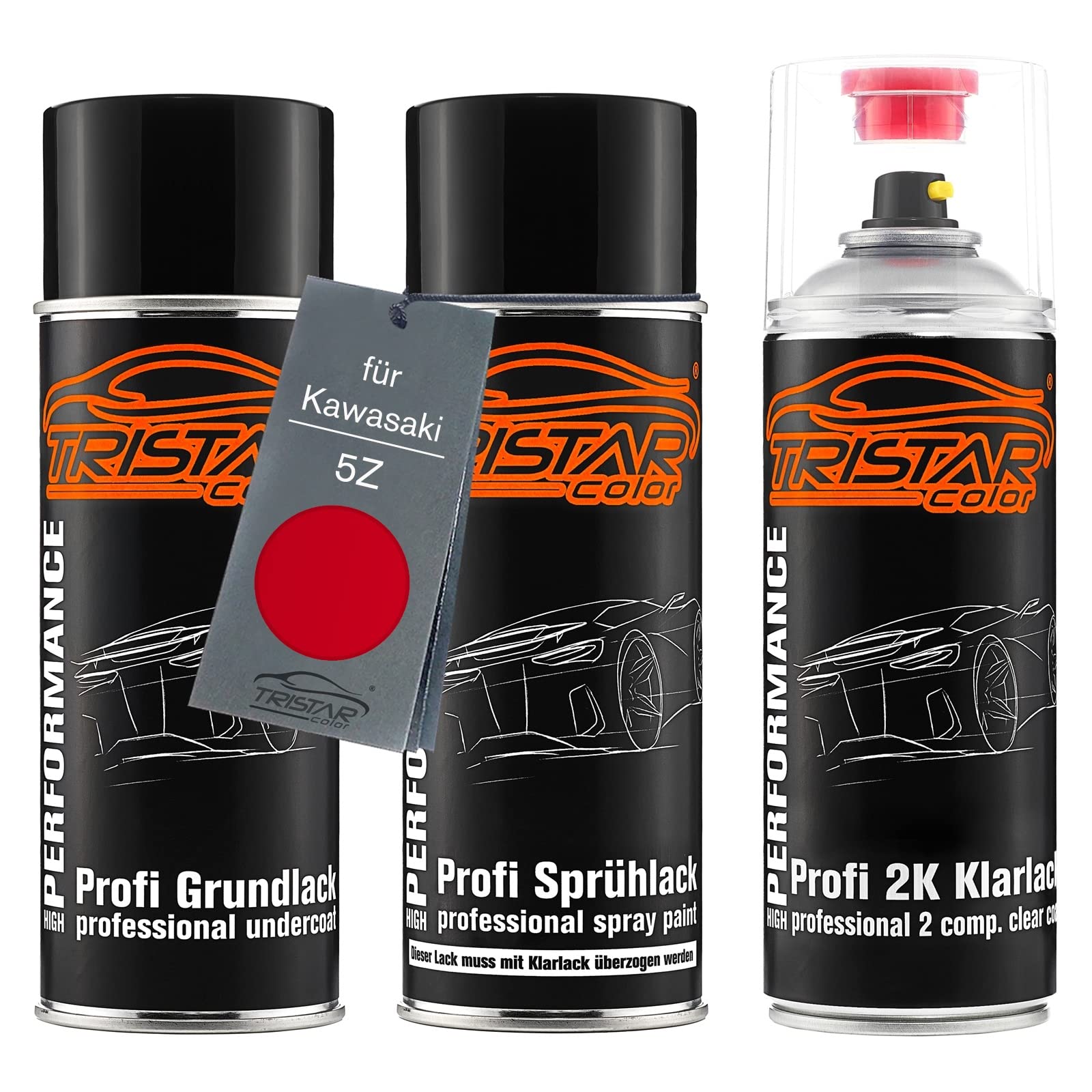 TRISTARcolor Motorcycle paint 2K spray can set for Kawasaki 5Z Firecracker Red under + base coat 2K clear coat