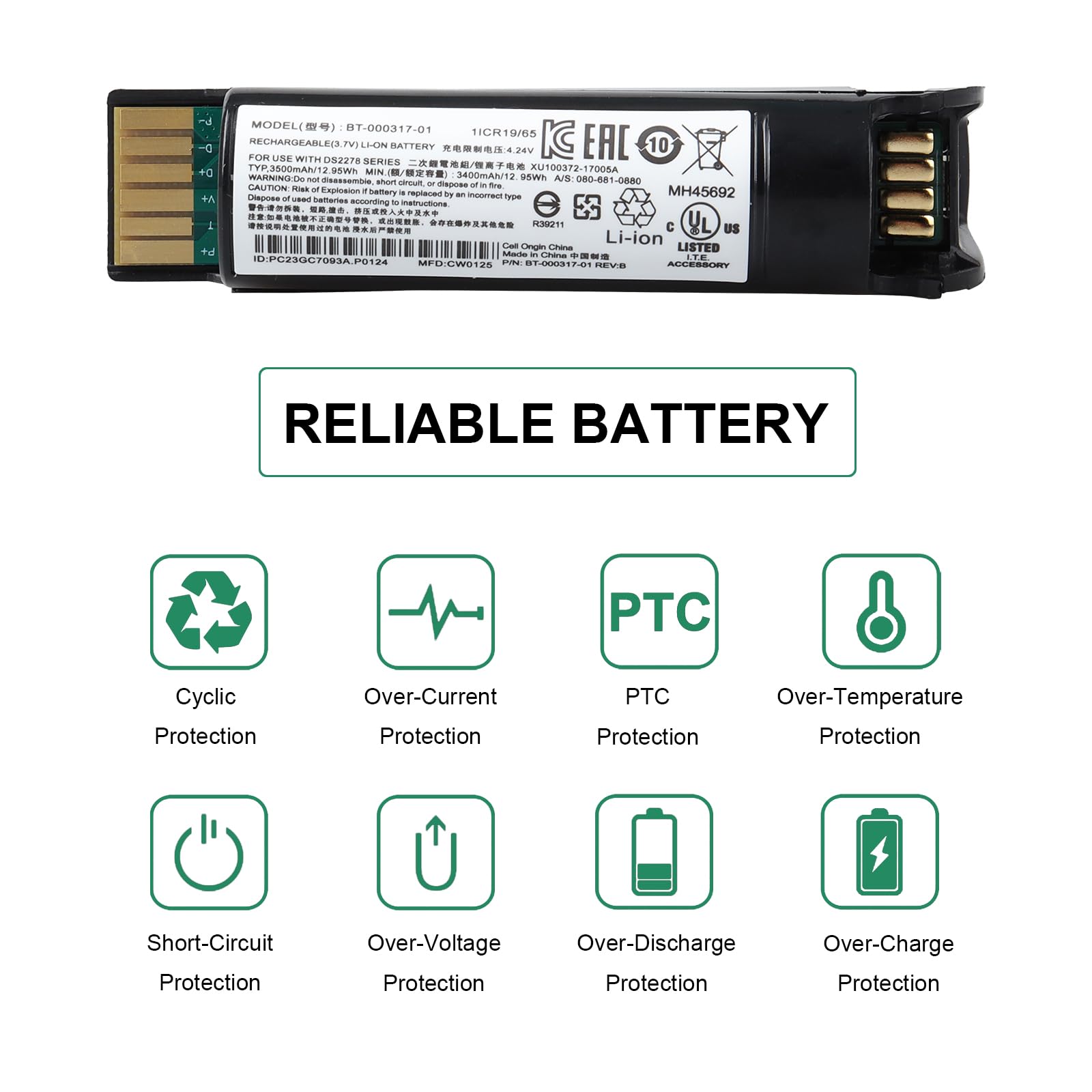 3400mAh Batterie für Zebra DS22, DS2208, DS2278, DS2278-HC, DS2278SR, CR2278, CR2278-PC-Scanner, BT-000317-01 Scanner Batterie 12.95V
