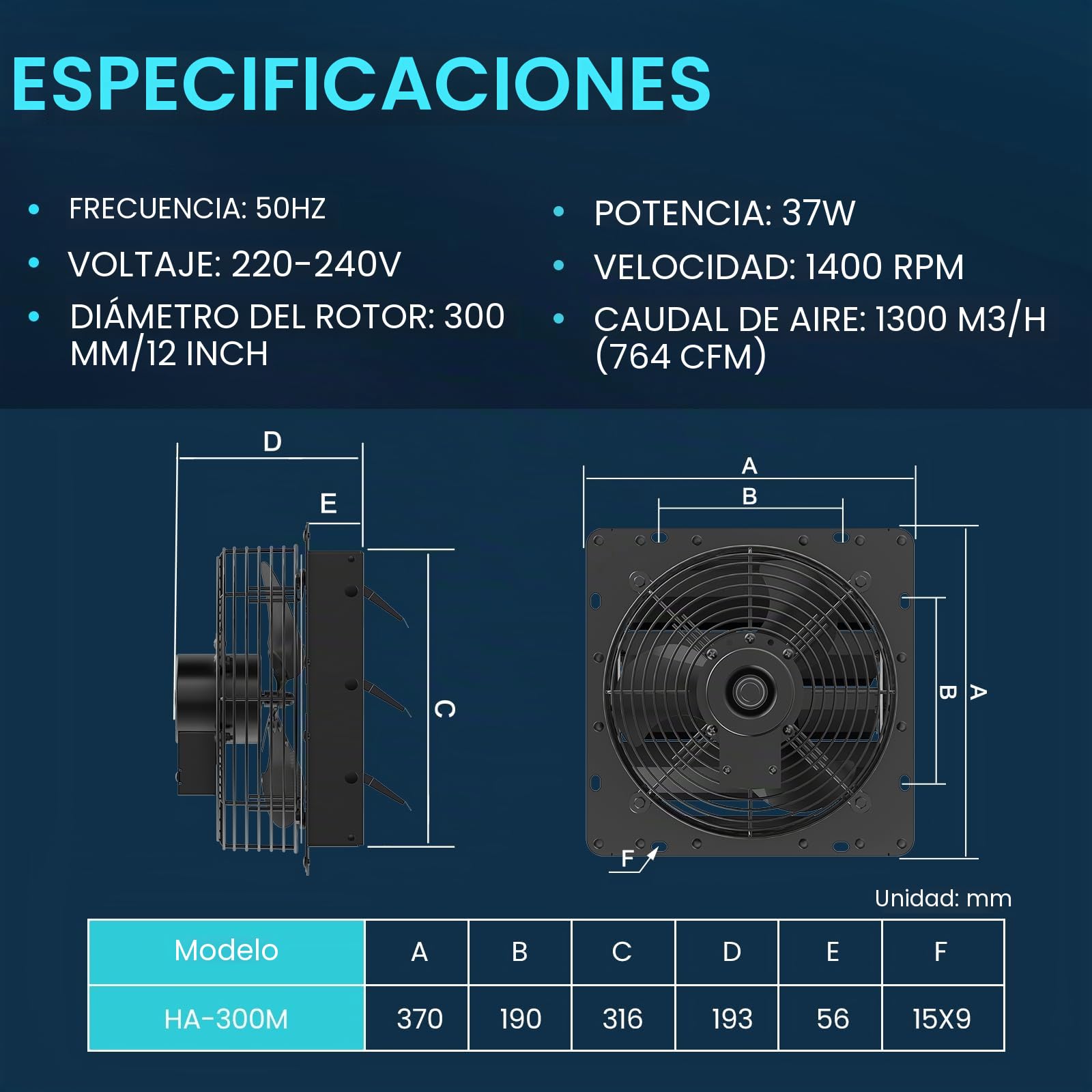 HG Power 300mm Ventilador Extractor con Regulador de Velocidad Ventilador Industrial de pared 1300m³/h con Rejilla Ventilador de Ventana de Aluminio con Enchufe UE para sótano Garaje Cocina