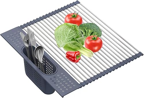 Miniatura 1 de LEMIKKLE Escurridor de platos enrollable de 20 x 15.2 pulgadas sobre el fregadero, escurridor de platos multiusos de acero inoxidable SUS304,