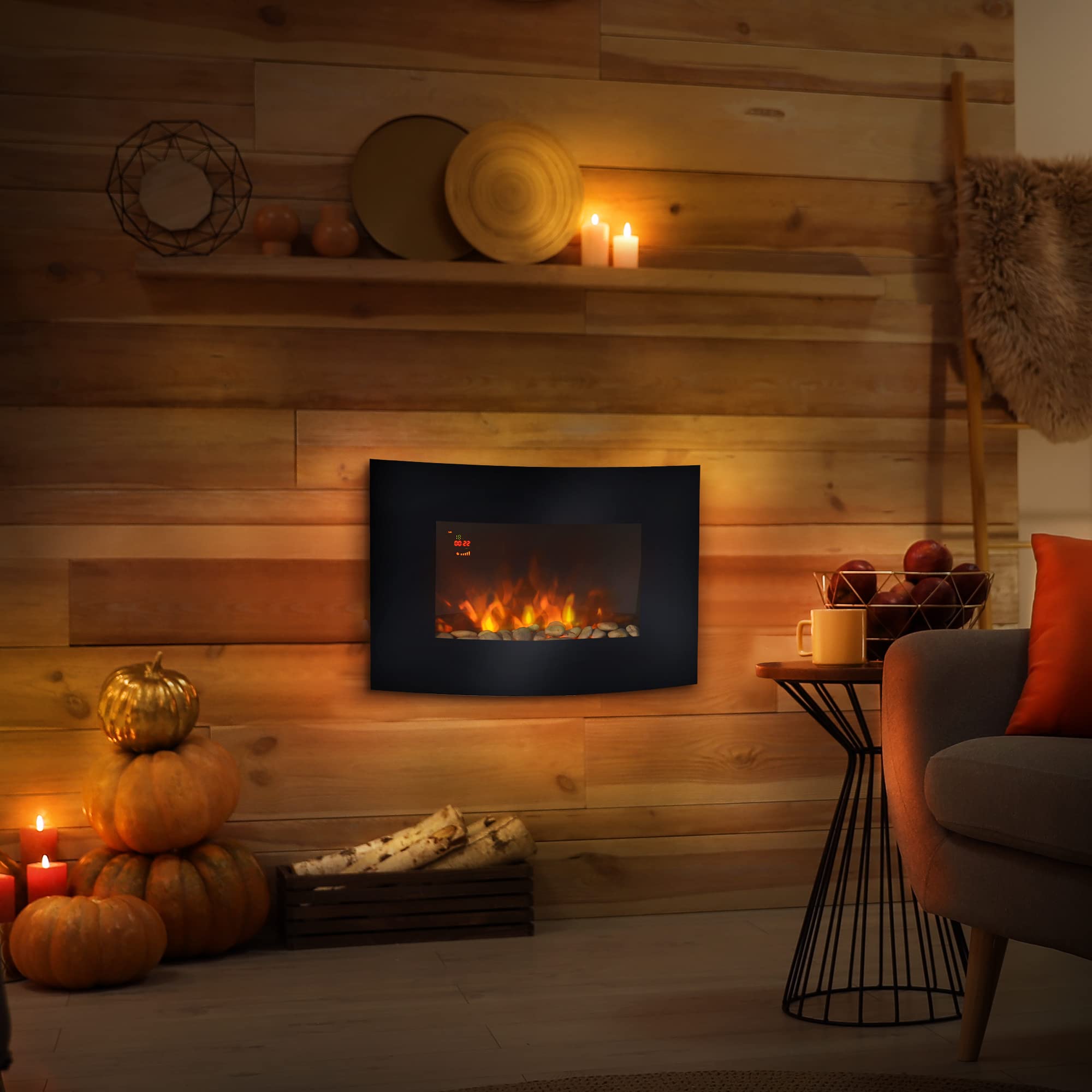HOMCOM Cheminée électrique Murale éclairages latéraux LED Design Avant-gardiste Affichage LED avec télécommande et minuterie 900/1800 W luminosité réglable Noir