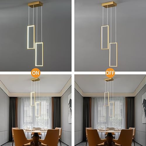 Miniatura 8 de FDPBY Lámpara de araña moderna LED ajustable oro 2 anillos lámpara rectangular para sala de estar, vestíbulo, lámpara de techo alto, lámpara
