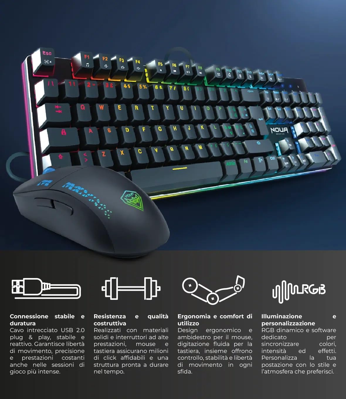 Mouse e Tastiera Gaming Meccanica, Layout Italiano QWERTY, USB, Anti-ghosting, Tastiera Retroilluminata LED RGB, Mouse Gaming fino a 32000 DPI - Nero