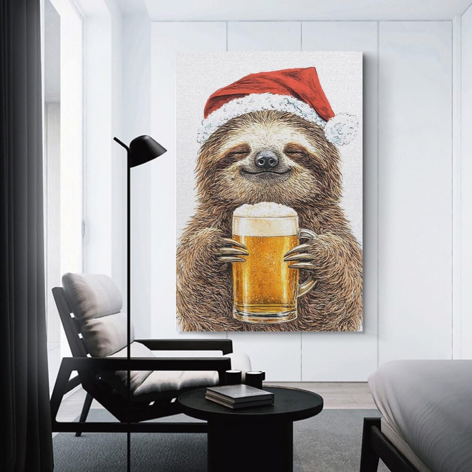 Junmoney Sloth in Santa Hat with Beer Room Decor Wall Art, 24x36inch(60x90cm), for Front Hall, Corridor Or Welcome Spaces, A Neat Decor Update for Hallways