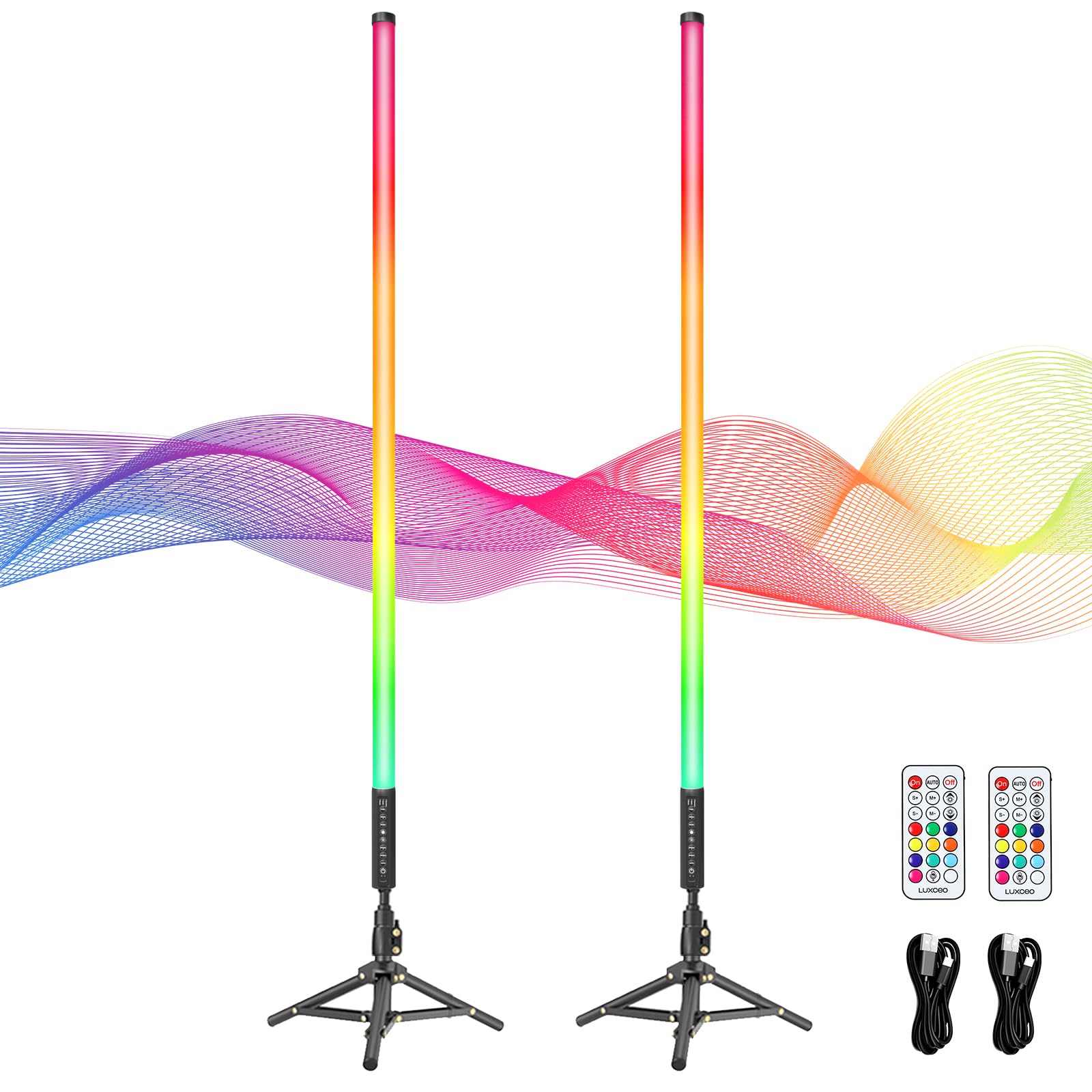 LUXCEO 2 Stück 120cm LED Videolicht Mood1Pro mit Stativ,2,4-G Fernbedienung,LED Handheld Fotografie Lichtdimmbar und Musikmodus,5000mAh Akku,RGB-Fotolampe für YouTube,TikTok,Partybar,Foto-Beleuchtung