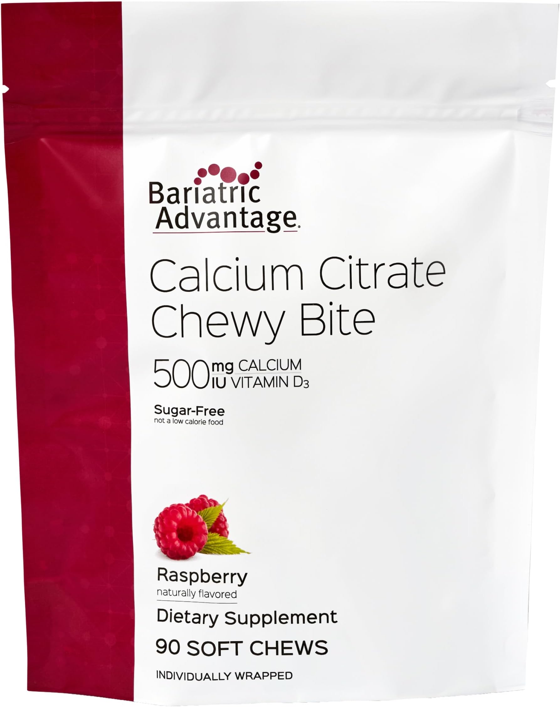 Bariatric Advantage Calcium Citrate Chewy Bites 500 mg - Highly Absorbable & Digestible - Vitamin D3 - Easily Chewable Calcium Supplement - Raspberry Flavor - 90 Count