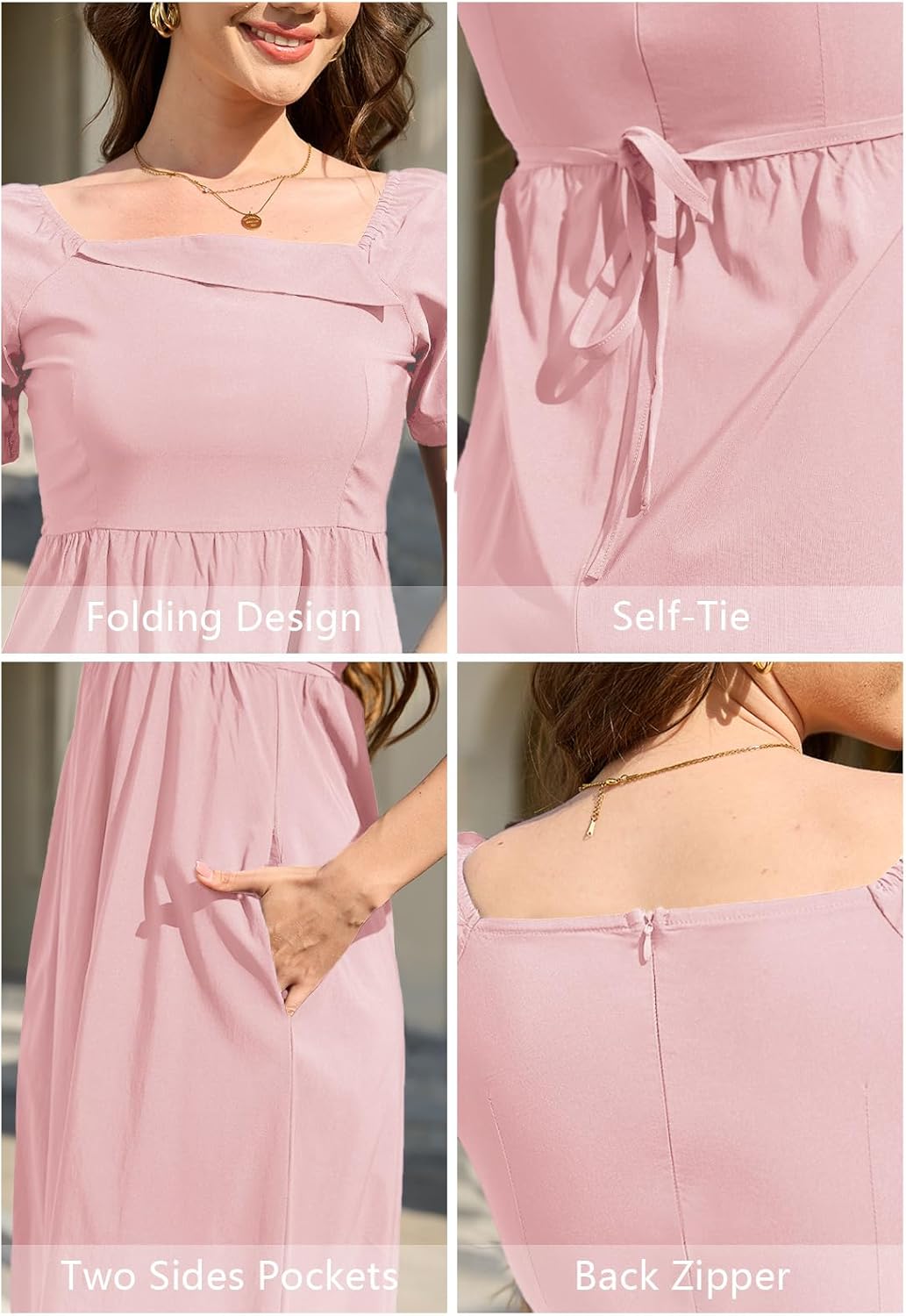 Jayscreate Women’s Casual Square Neck Long Halter Tie Dress Midi Short Sleeve 2025 Summer Flowy Dress A-Line for Women - Image 6