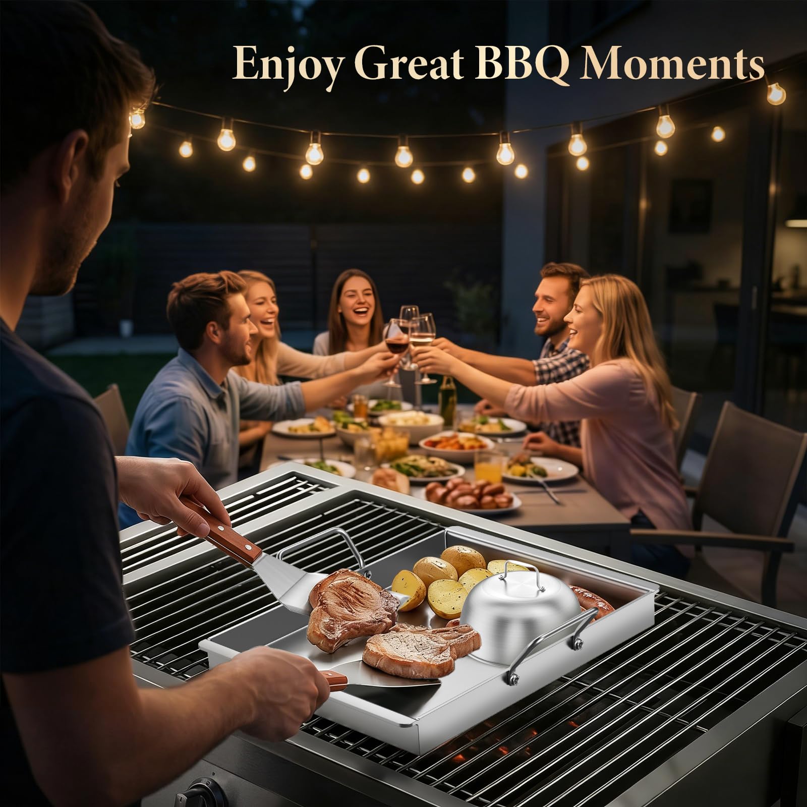 Plancha de acero inoxidable, 40 x 30 cm (4 mm de grosor), juego con campana de hamburguesa y 2 espátulas, placa de hamburguesa maciza para barbacoa de gas y parrilla de carbón, plancha inoxidable para