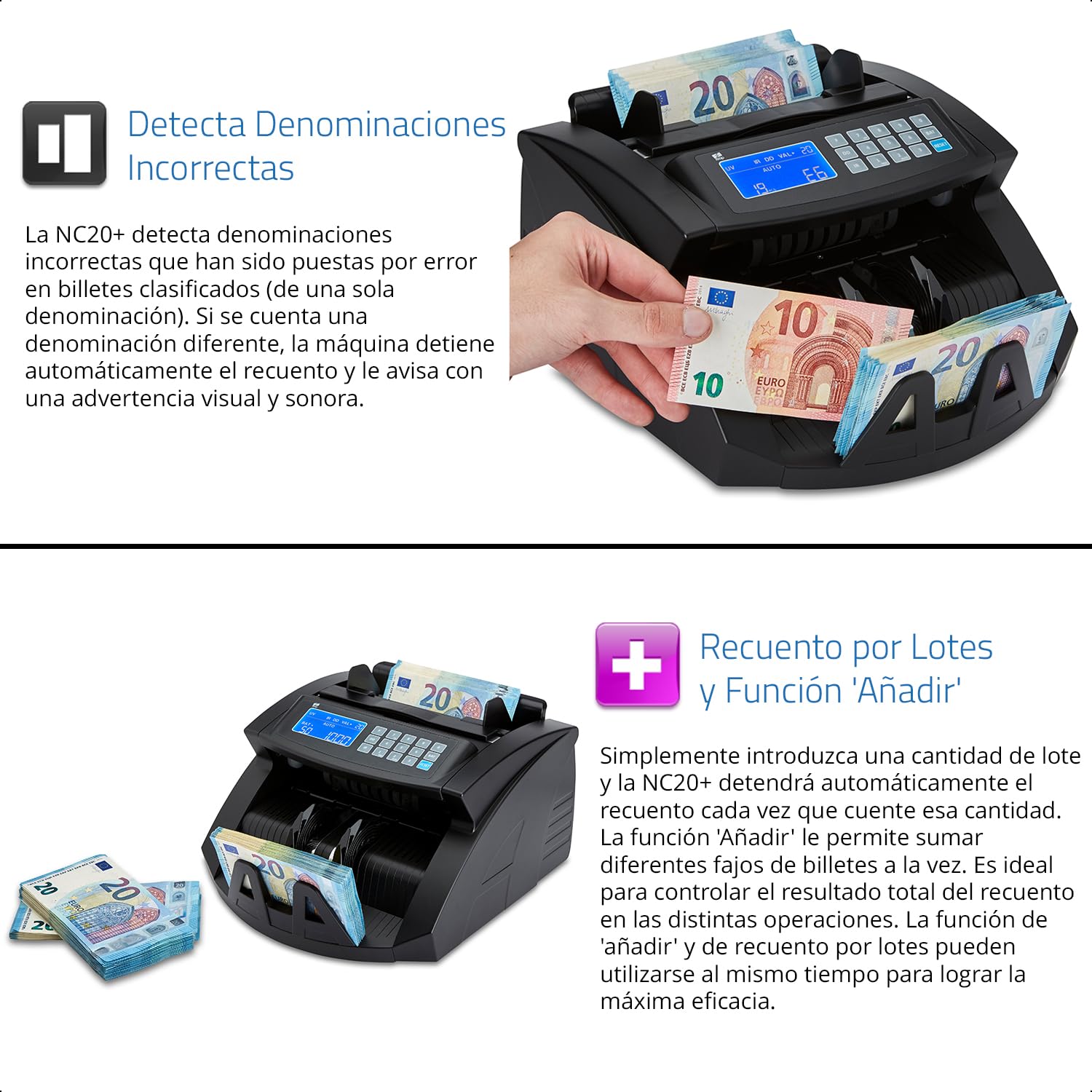 ZZap NC20+ Contadora de billetes y detector de falsificaciones – Cuenta 1.000 billetes por minuto, recuento por lotes, detección de falsificaciones en 4 niveles ¡y más!