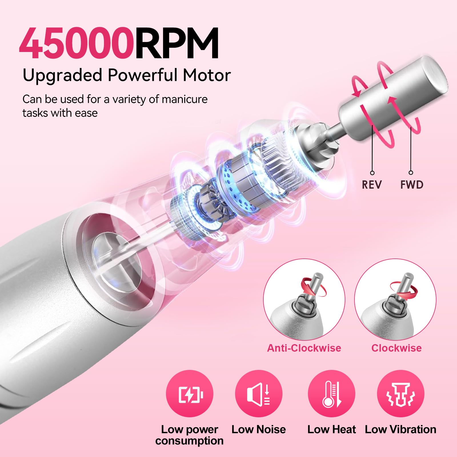 Perceuse à ongles électrique rechargeable portable 45 000 tr/min avec écran LCD intelligent pour manucure et pédicure Corps réfléchissant etc (grain)