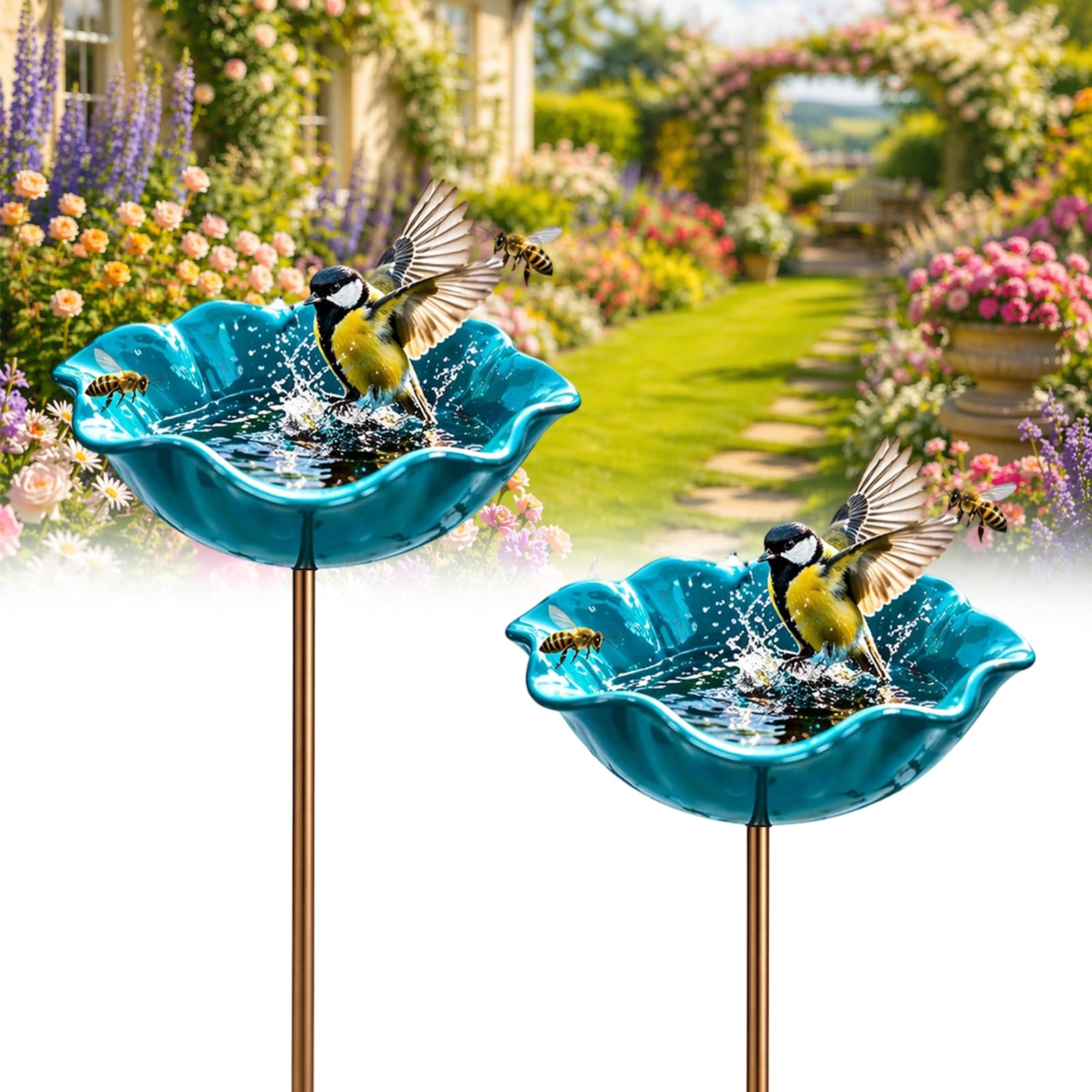Handmade Metal Flower Garden Stake Bird Bath Bowl - Weather-Resistant Bee Watering Station & Flower Bird Feeder, Decorative Outdoor Metal Flowers for Yard Lawn Patio Decor (2 * Sky)