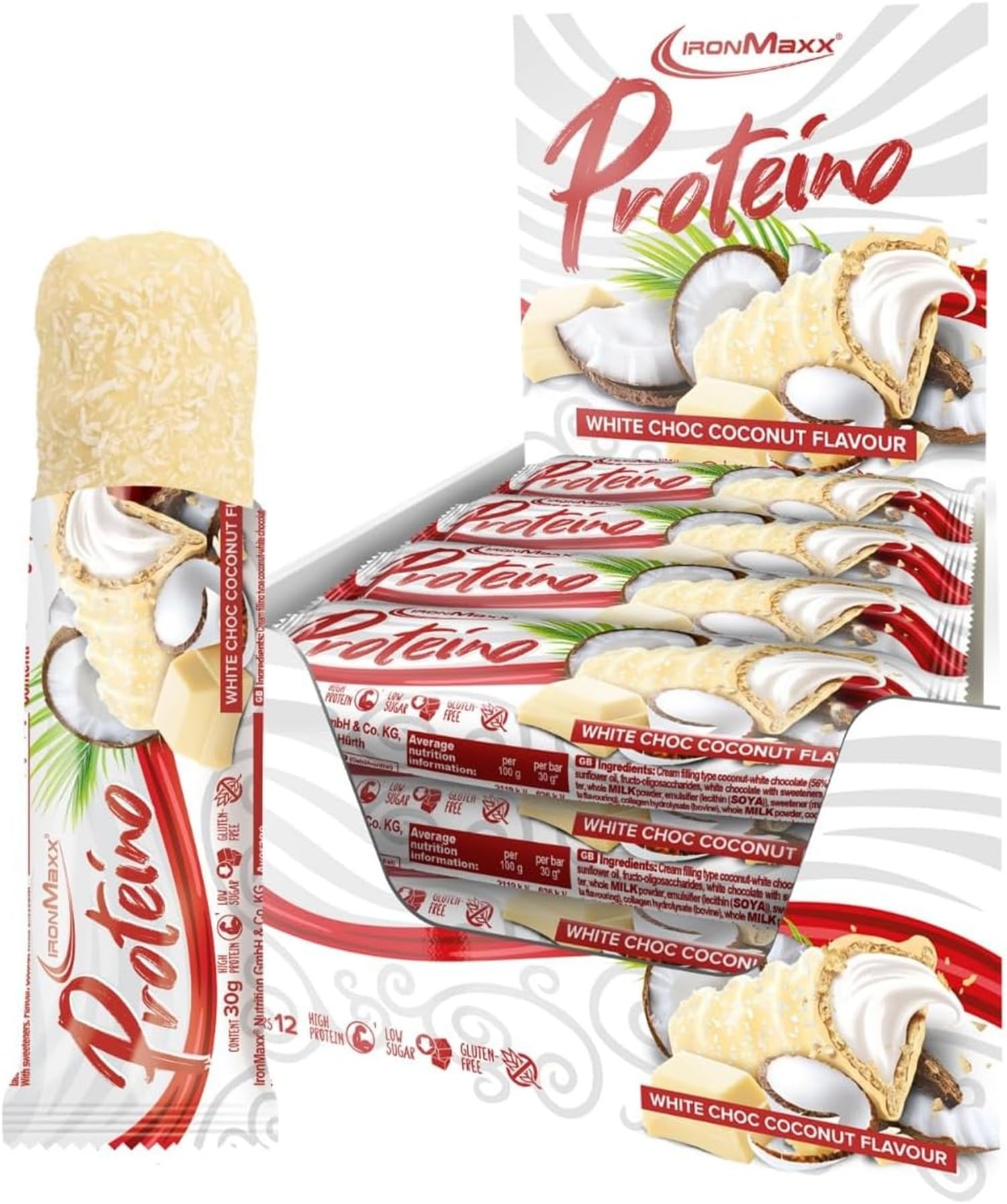 IronMaxx Barre protéinée Proteino Chocolat blanc noix de coco 12 x 30 g – barres protéinées façon gaufrette, barre proteine faible en sucre, snack protéiné sans gluten pour fitness