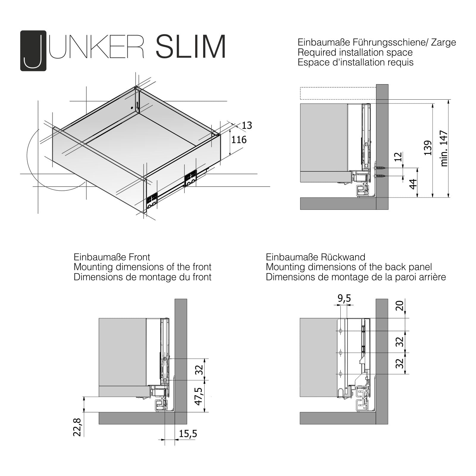 SOTECH Schubladensystem JUNKER SLIM mit Push to Open anthrazit Höhe 116 mm