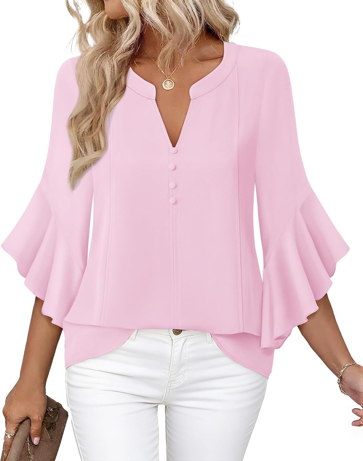 Bebonnie Womens Tops Dressy Casual Ruffle 3/4 Sleeve Henley V Neck Chiffon Blouses with Buttons