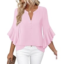 Bebonnie Womens Tops Dressy Casual Ruffle 3/4 Sleeve Henley V Neck Chiffon Blouses with Buttons