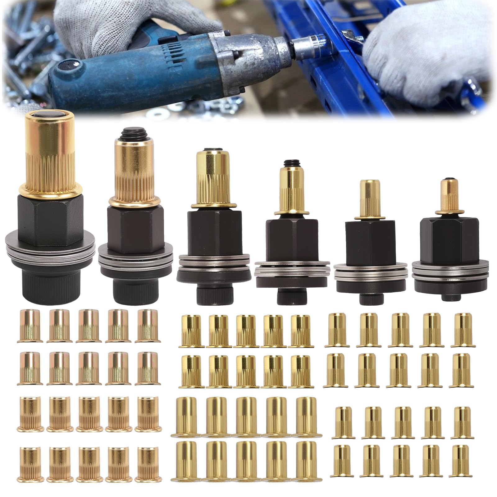 VUTYNKO 6 PCS Rivet Nuts Set with 60 Nuts, Insert Nuts Hand Rivet Rivet Set for M3 M4 M5 M6 M8 M10 Rivet Nut Tool and Manual Riveting Machine