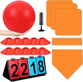 Jenaai 18 Pcs Sports Kickball Set Includes Playground Ball 5 Rubber Throw Down Bases Ball Pump Scoreboard Net Bag 10 Foul Line Cones for Adults Playground Backyard Game (10 Inch,Red)