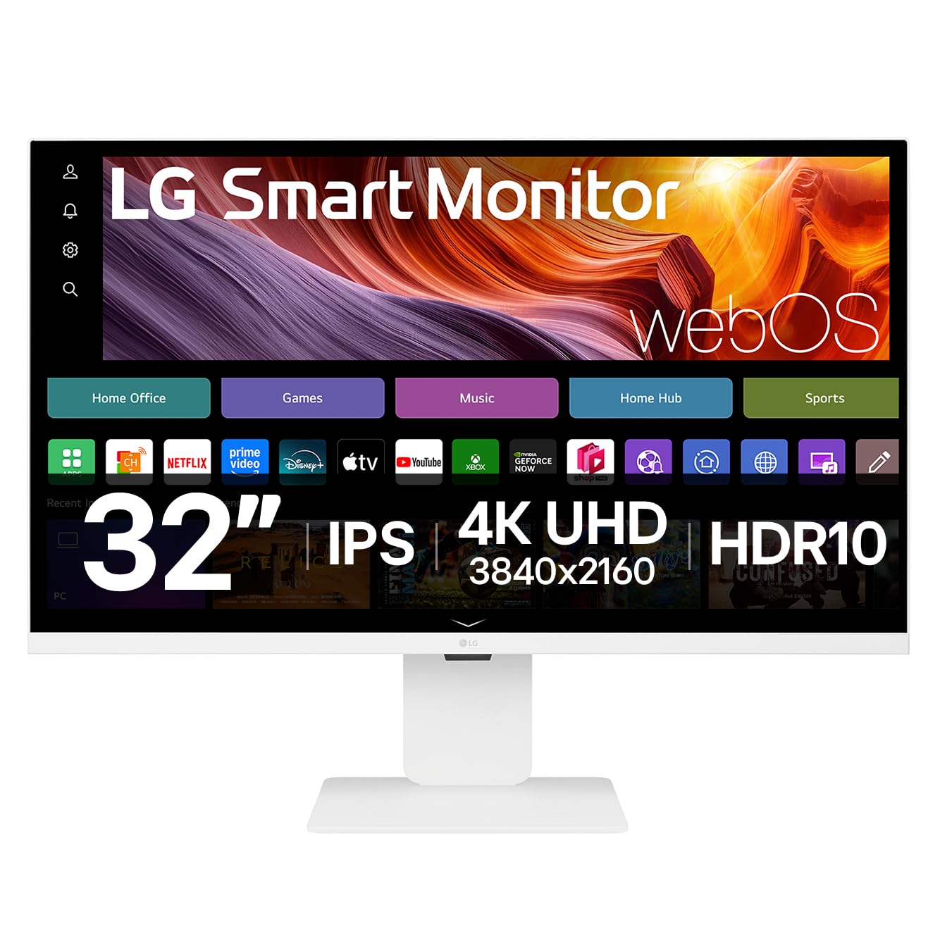 LG SMART Monitor 32U850SA-W, 4K UHD IPS 32 inch, 60Hz, 5ms GtG, HDR10, Wi-Fi, Bluetooth, Airplay, webOS smart apps with remote, Webcam, Built-in speakers, HDMI, USB-C (90W PD), White