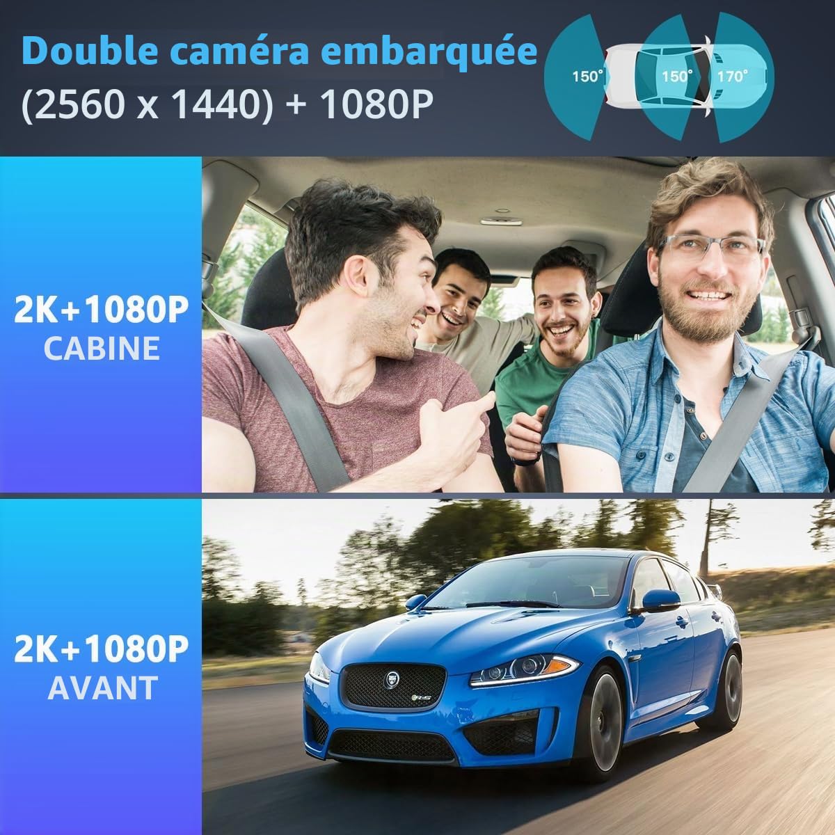 Caméra embarquée Avant arrière avec Surveillance du stationnement, caméra 2K + 1080P avec Carte SD 32 Go, détection de Mouvement, Vision Nocturne Infrarouge, capteur