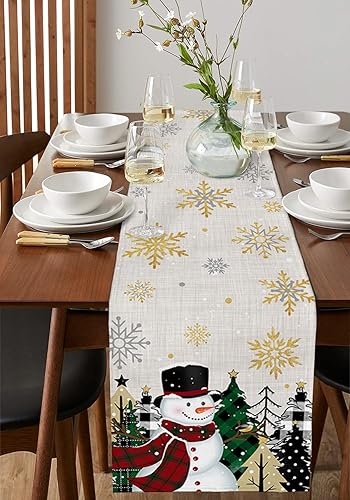 Miniatura 4 de Muñeco de nieve de invierno con árbol de Navidad a cuadros, copos de nieve dorados en retro beige, bufandas de cocina, comedor, caminos de mesa para