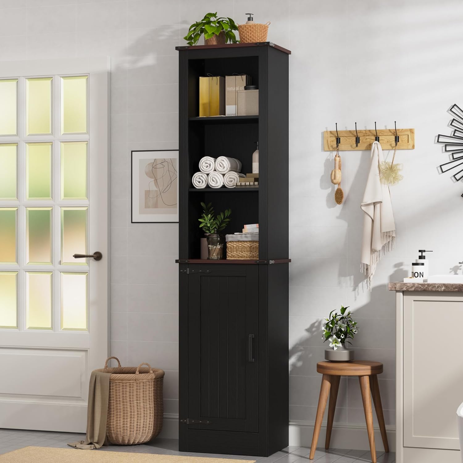 MHOM 71" Tall Bathroom Storage Cabinet. Farmhouse Storage Cabinet with Adjustable Shelves, Narrow Linen Tower Cabinet for Bathroom, Laundry, and, Living Room, Black