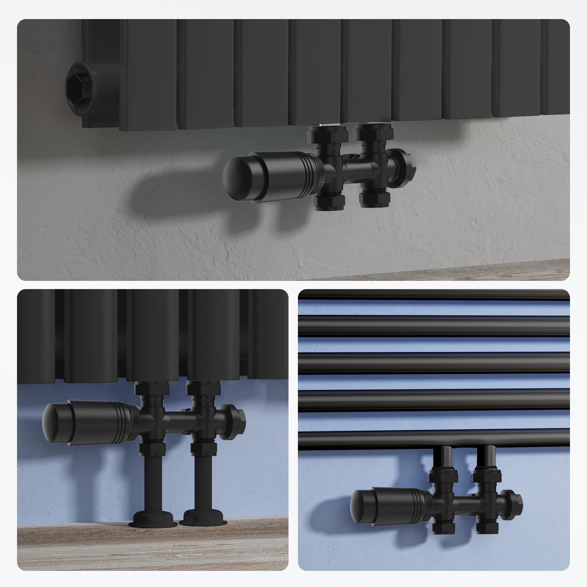 VANCOCO Noir Kit Multibloc Universel Pour Radiateur, Raccordement Central avec 50mm, Vannes Thermostatiques Pour Radiateur et Chauffage