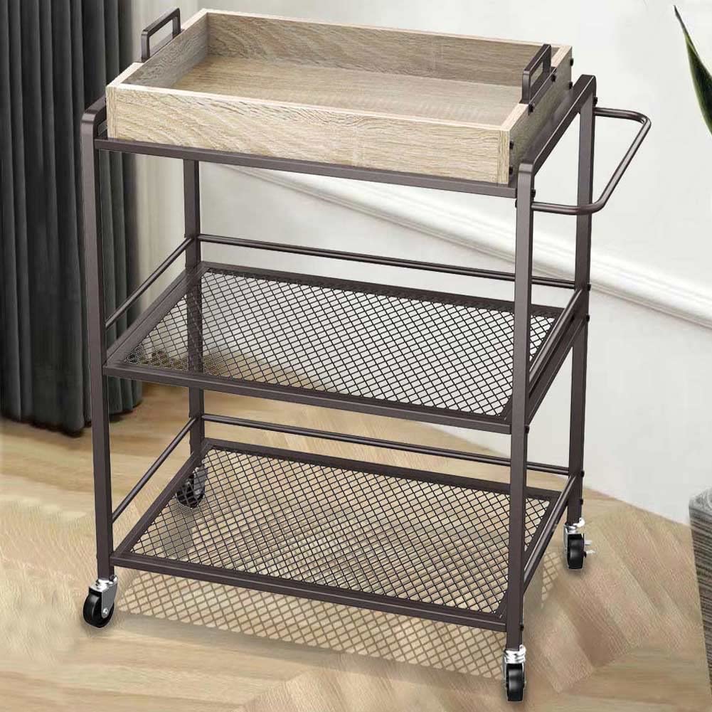 BAKAJI Carrello Cucina 3 Ripiani Industrial con Ruote Girevoli e Vassoio Colazione Legno removibile, Carrellino Salvaspazio, Multiuso, Trolley Estetista, Struttura Metallo, 65 x 33 x 91H cm (Bronzo)