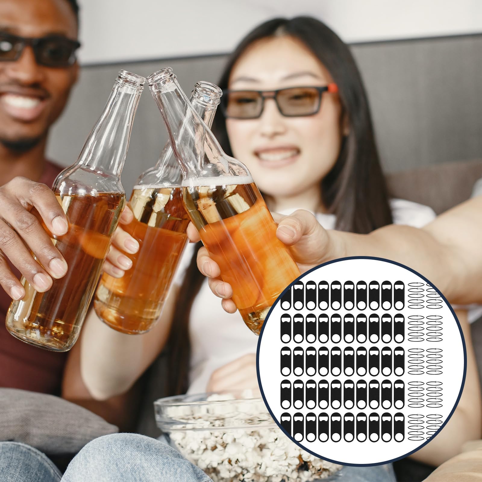 Paquete de 50 abrebotellas plano de acero inoxidable con llavero de 3.5 pulgadas, abrebotellas de cerveza plano, llavero negro mini abridor de botellas de metal para camarero, cocina, bar,