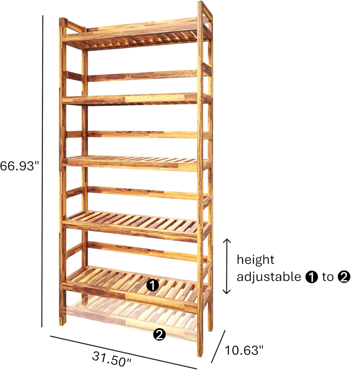 5-Tier Acacia Wood Shelf Unit, Large Storage Rack, Natural Wood Finish
