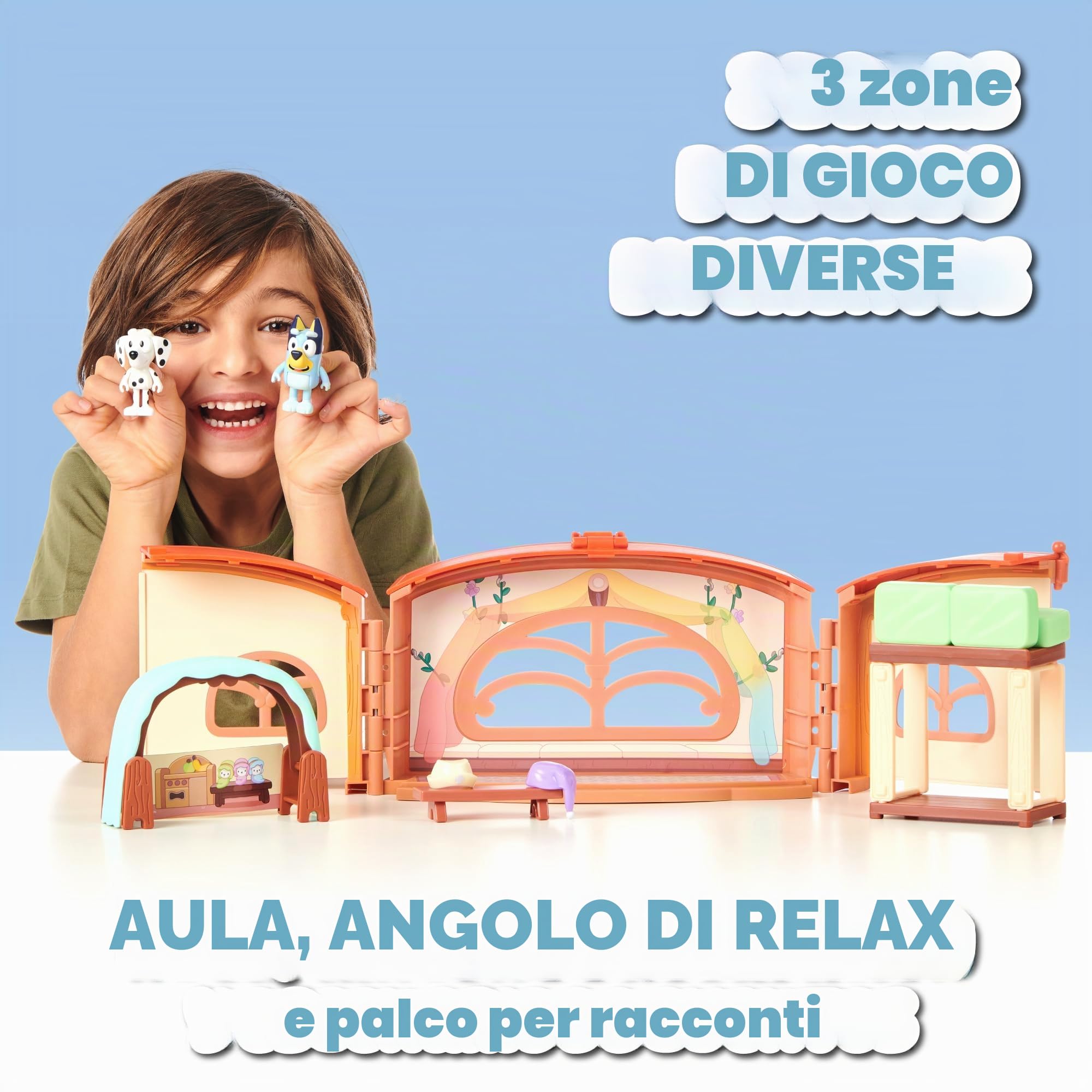 Bluey - School Playset, scuola della serie dei cartoni animati per bambini, 2 personaggi Chloe, playset trasformabile da 9 pezzi di accessori e pagatine decorative, 3 anni, Famosa (BLY40010)