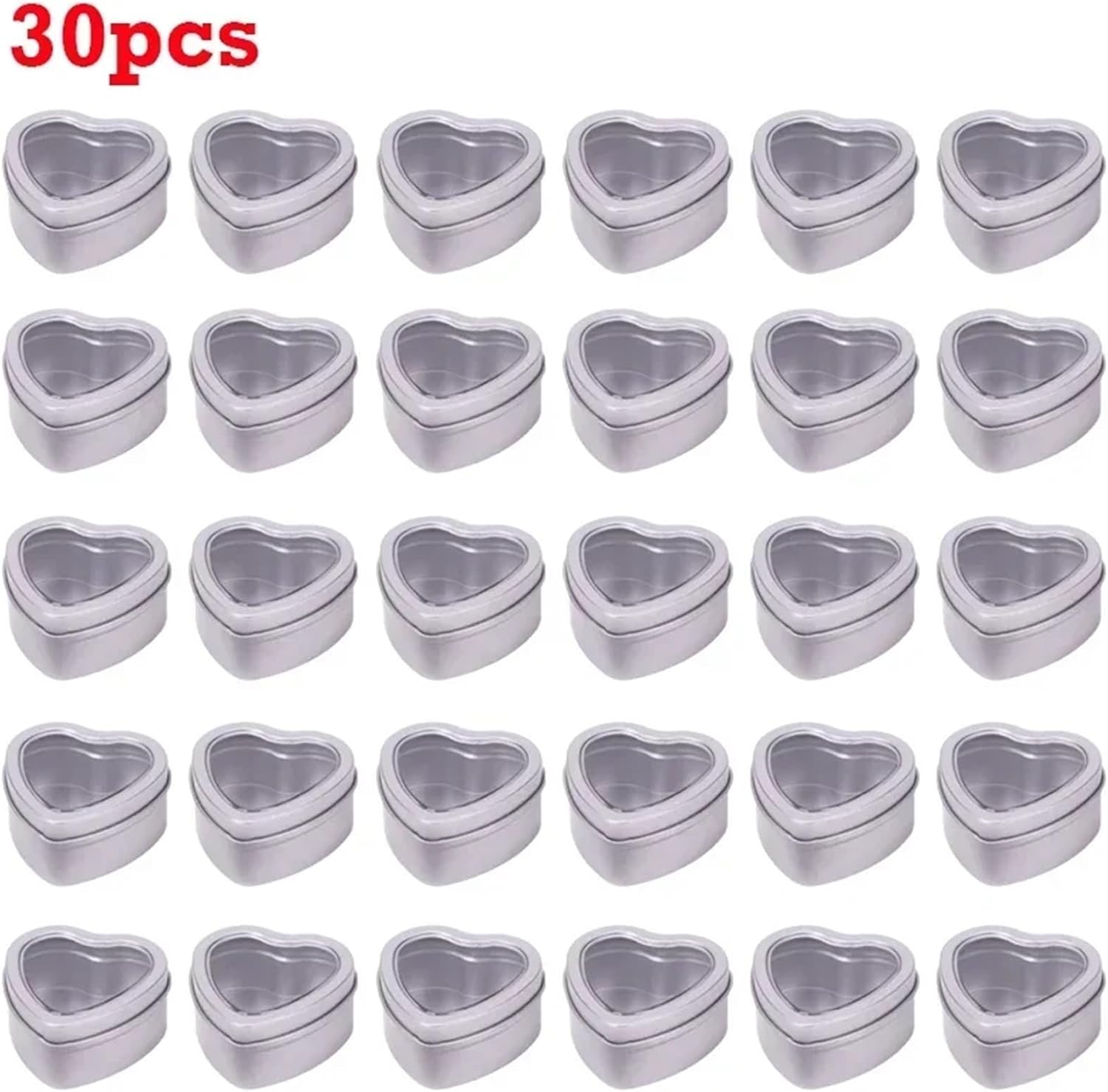 Candle Jars 30Pcs Heart-Shape Metal Jars Empty Tinplate Box for DIY Making Candle Cream Cosmetic Storage Containers(Silver-withwindow)