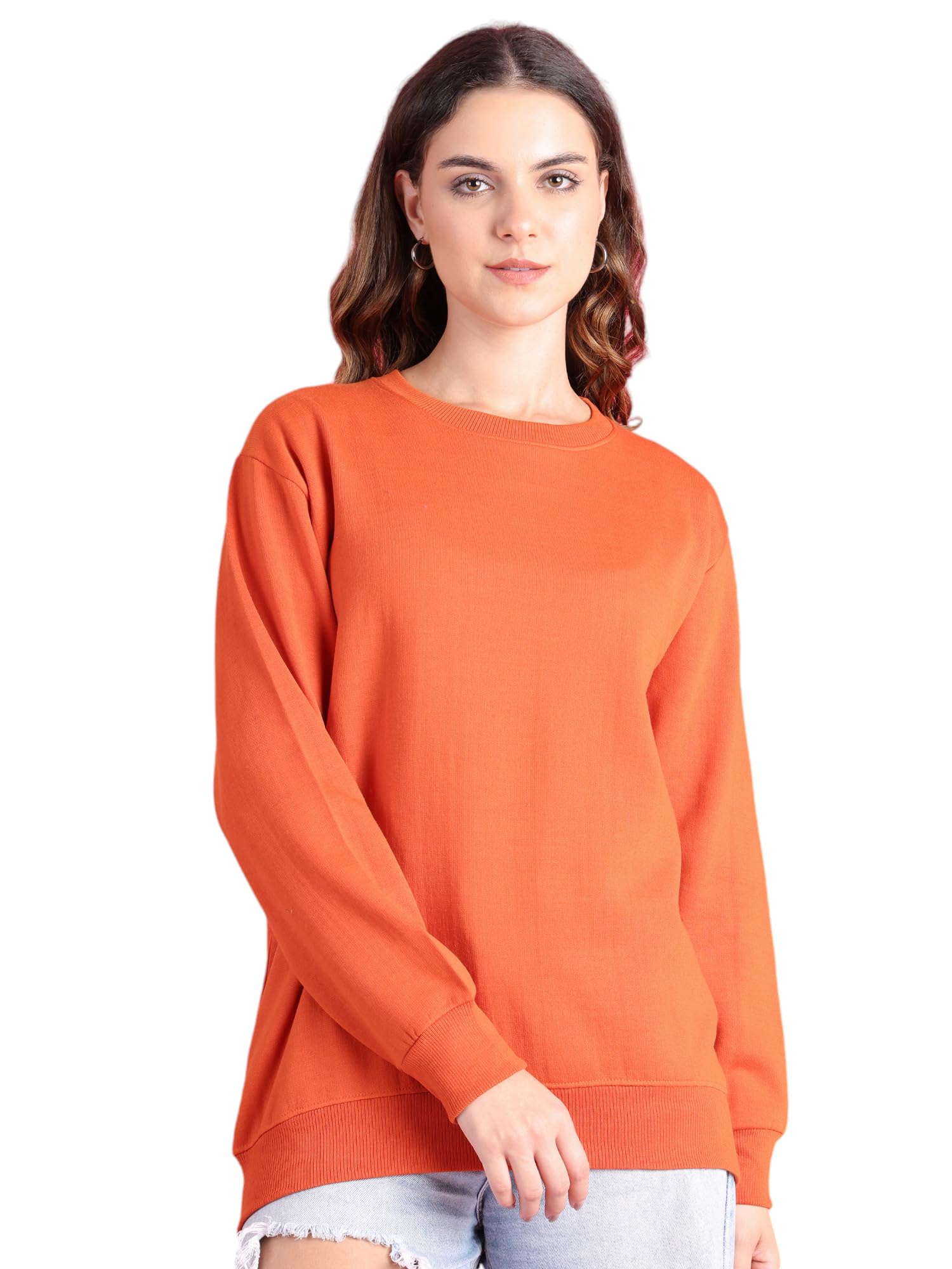Fleece Regular Fit Solid Crew Neck Sweatshirt for Women-MACK640137