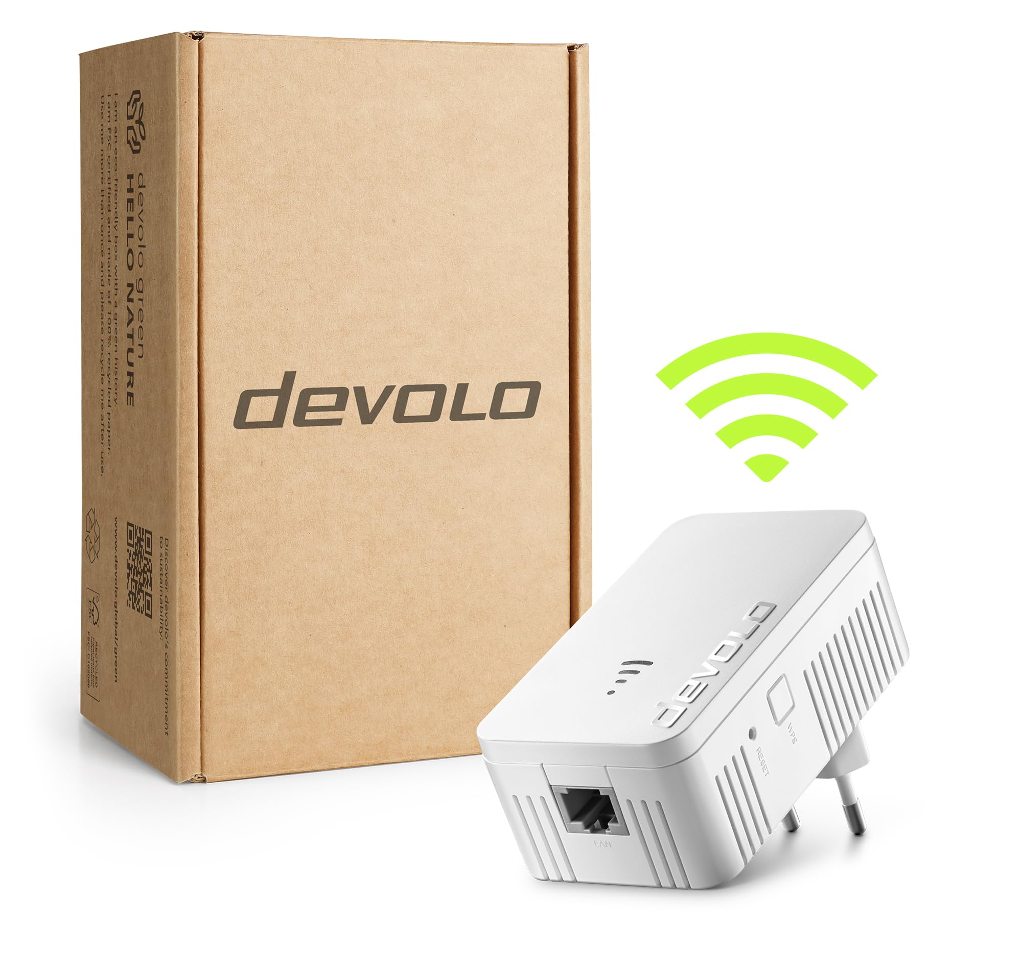 devolo WiFi 5 Repeater 1200, repeater Wi-Fi, do 1 200 Mbit/s, wzmacniacz Wi-Fi, punkt dostępowy, extender Wi-Fi, 1x port LAN, biały