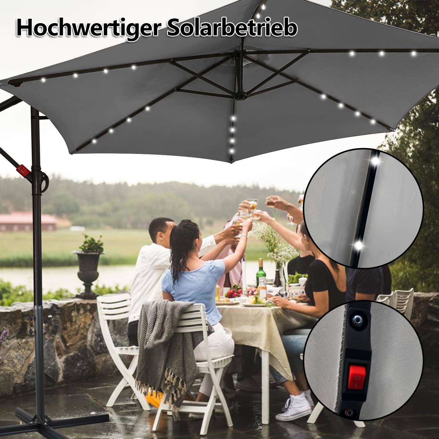 Lospitch Parasol przeciwsłoneczny z oświetleniem LED, aluminiowy parasol z korbą, ochrona przed promieniowaniem UV i wodoodporny, parasol ogrodowy