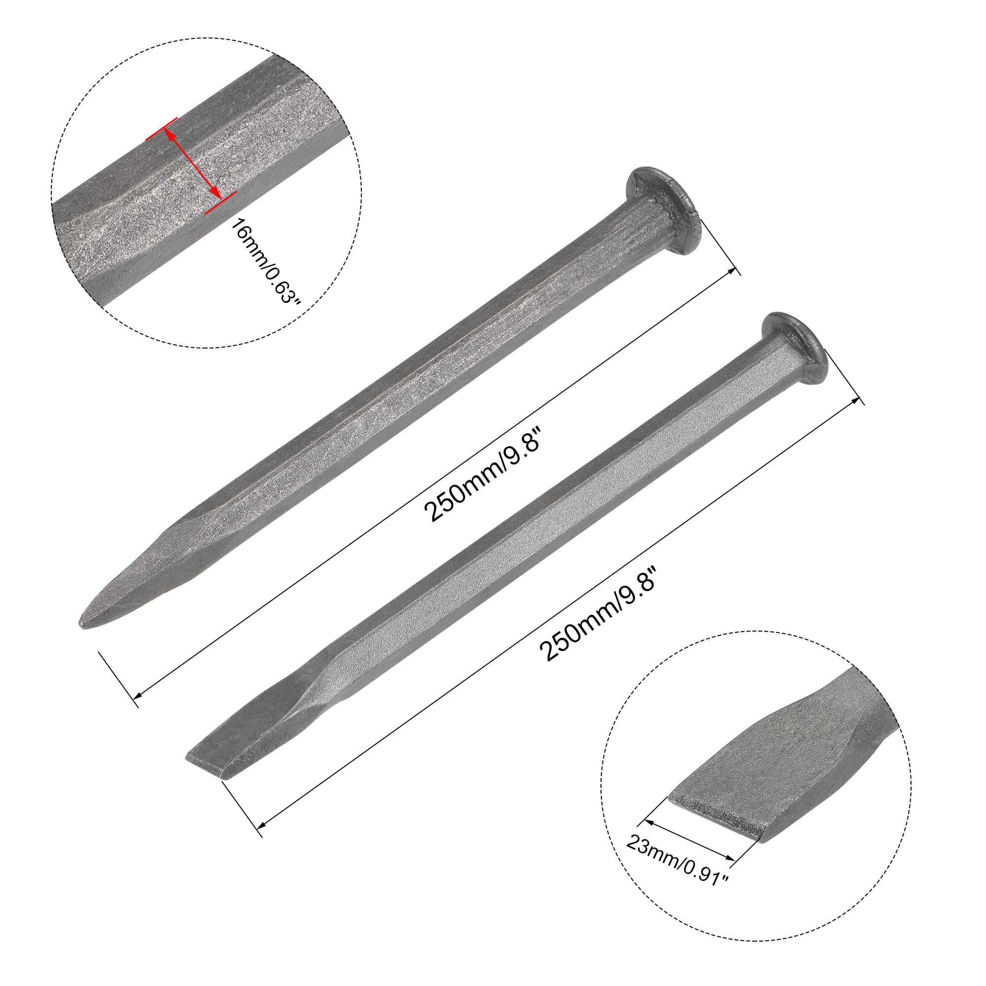 uxcell Cincel de albañilería para roca 9.8 "plano+punta tallada cabeza arena voladura medio acero al carbono para tallar piedra rompiendo hormigón 1 Unidades