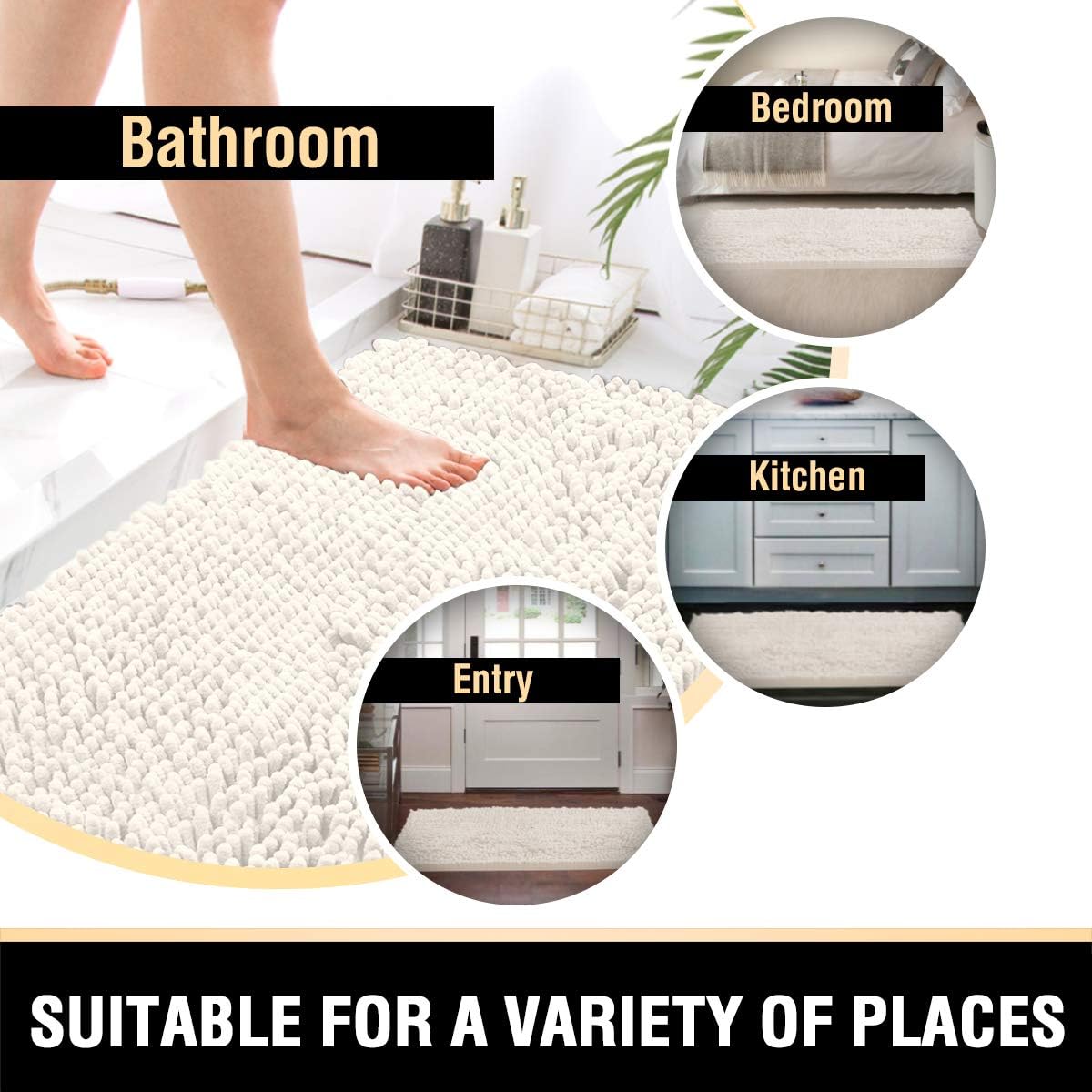 H.VERSAILTEX Bathroom Rugs Bath Mats Non Slip Chenille Bathroom Runner Rug 59x20 Extra Soft and Absorbent Shaggy Rugs Washable Dry Fast Plush Area Carpet Mats for Bath Room, Tub - Ivory - Image 7
