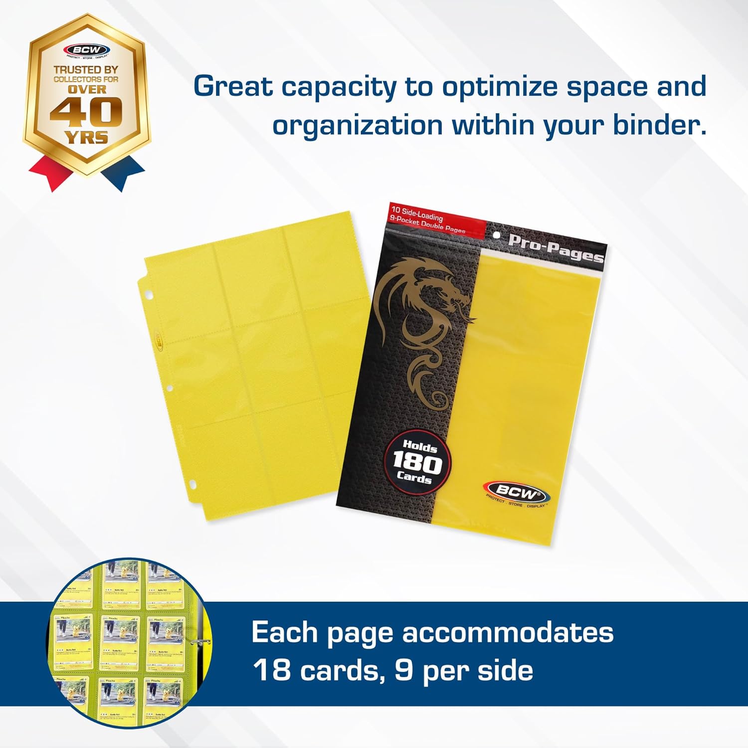 BCW Double-Sided 9-Pocket Pages Holder - 50 Yellow Pages | Trading Card Binder Sheets | Secure Side Loading | Ideal Card Storage and Display Solution