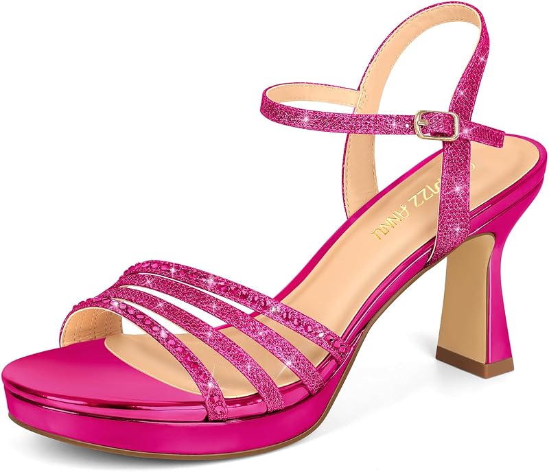 Lena Women's Platform Heels High Block Chunky Sparkly Rhinestone Open Toe Ankle Strap Fashion Dress Pump Sandals Shoes for Party Wedding