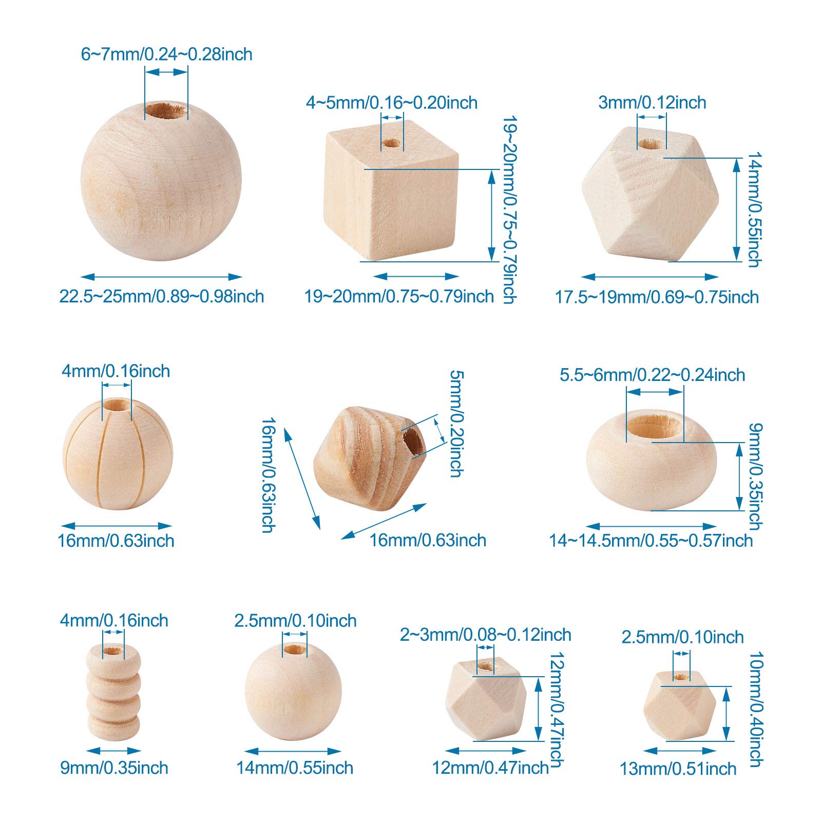 150 perline in legno naturale non finite, 9-25 mm, rotonde, cubiche, a forma di colonna, a forma di colonna biconica, distanziatori sfusi in legno, per la creazione di bracciali, orecchini, gioielli