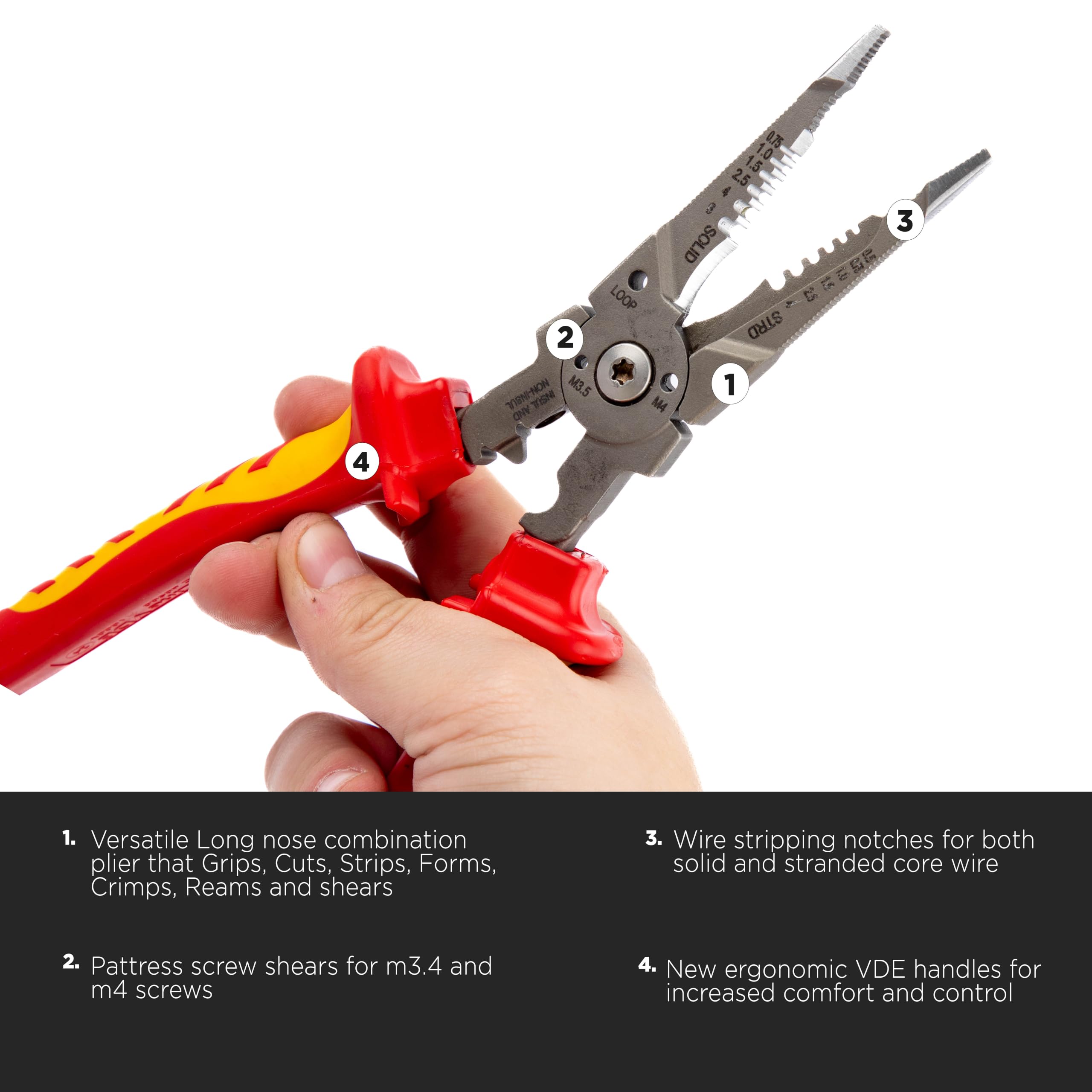 C.K Tools Pince Multifonction VDE 7 en 1 pour Travaux Électriques 210 mm | Six encoches de dénudage pour fils souples et rigides, coupe-boulons M3,5/M4, sertissage de cosses, alésage interne 10-22 mm