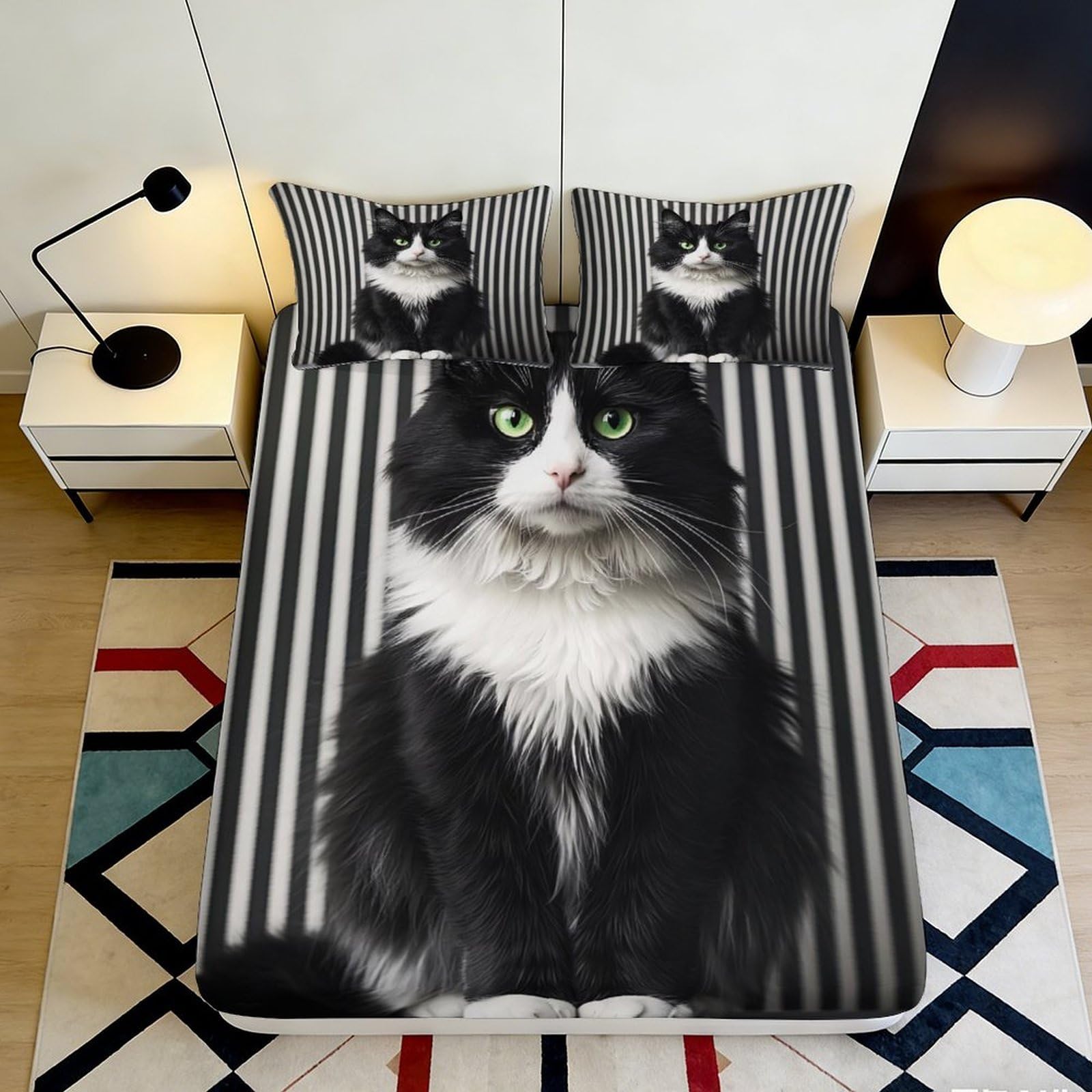 Jqzkxnhpbr Style-2 3D Printed Black Cat Fitted Sheet Microfiber Soft Breathable Striped Kitten Bed Cover For Bedroom Guest Room Decor 90X200x25cm