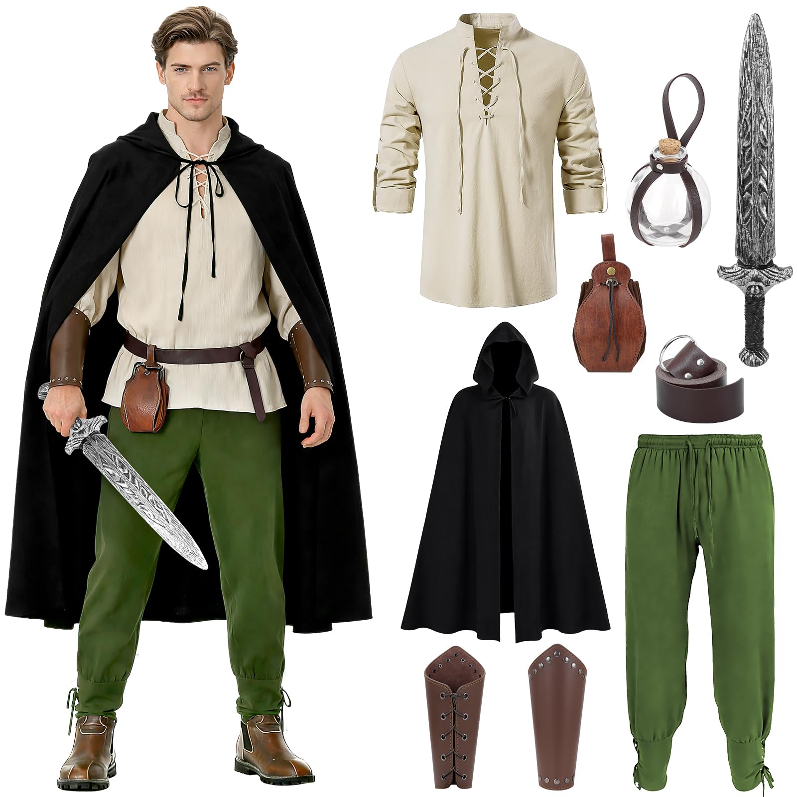 XJGQZ 9-Piece Ren Faire Fancy Dress Men, Renaissance Viking Outfit Set for Men, Medieval Pirate Accessories Elf Hunter Trousers Full Outfit (Green, XL)