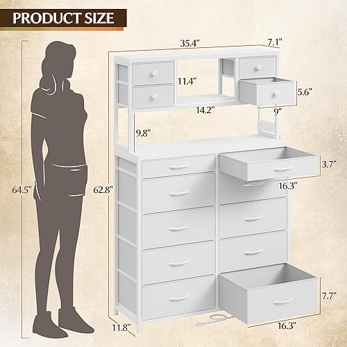 Miniatura 3 de EnHomee - Cómoda de 160 cm de alto para dormitorio con 14 cajones de tela, cómoda blanca con estación de carga y luces LED, cómodas y arcones con