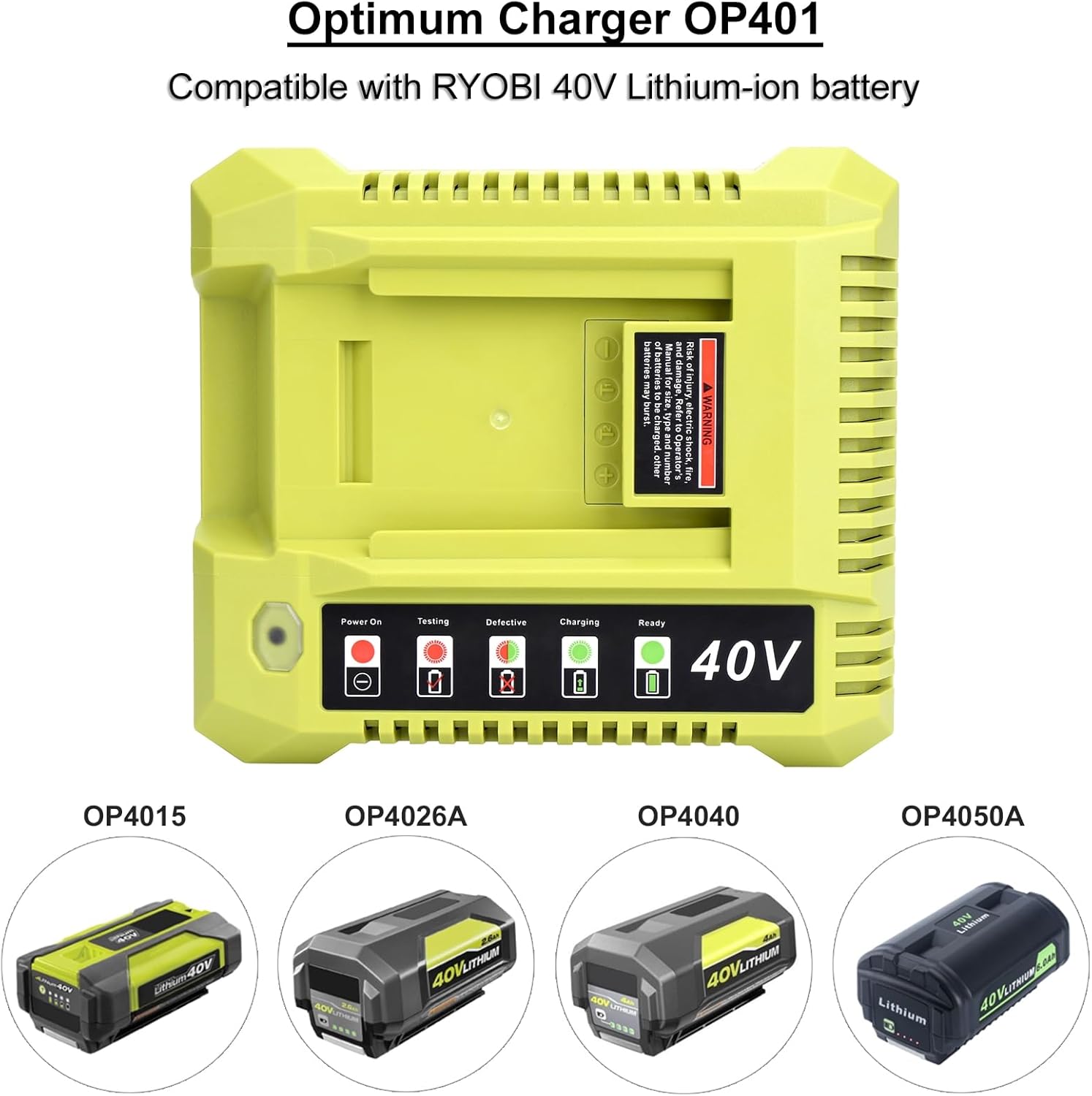 40V Fast Charger Compatible with Ryobi 40V Battery OP4040 OP4050 OP4060 OP4075 OP40261 OP40601 OP40602 OP40401 OP40301 OP40204 OP40201 OP4015 Compatible with Ryobi 40 Volt Battery Charger OP401 OP406A