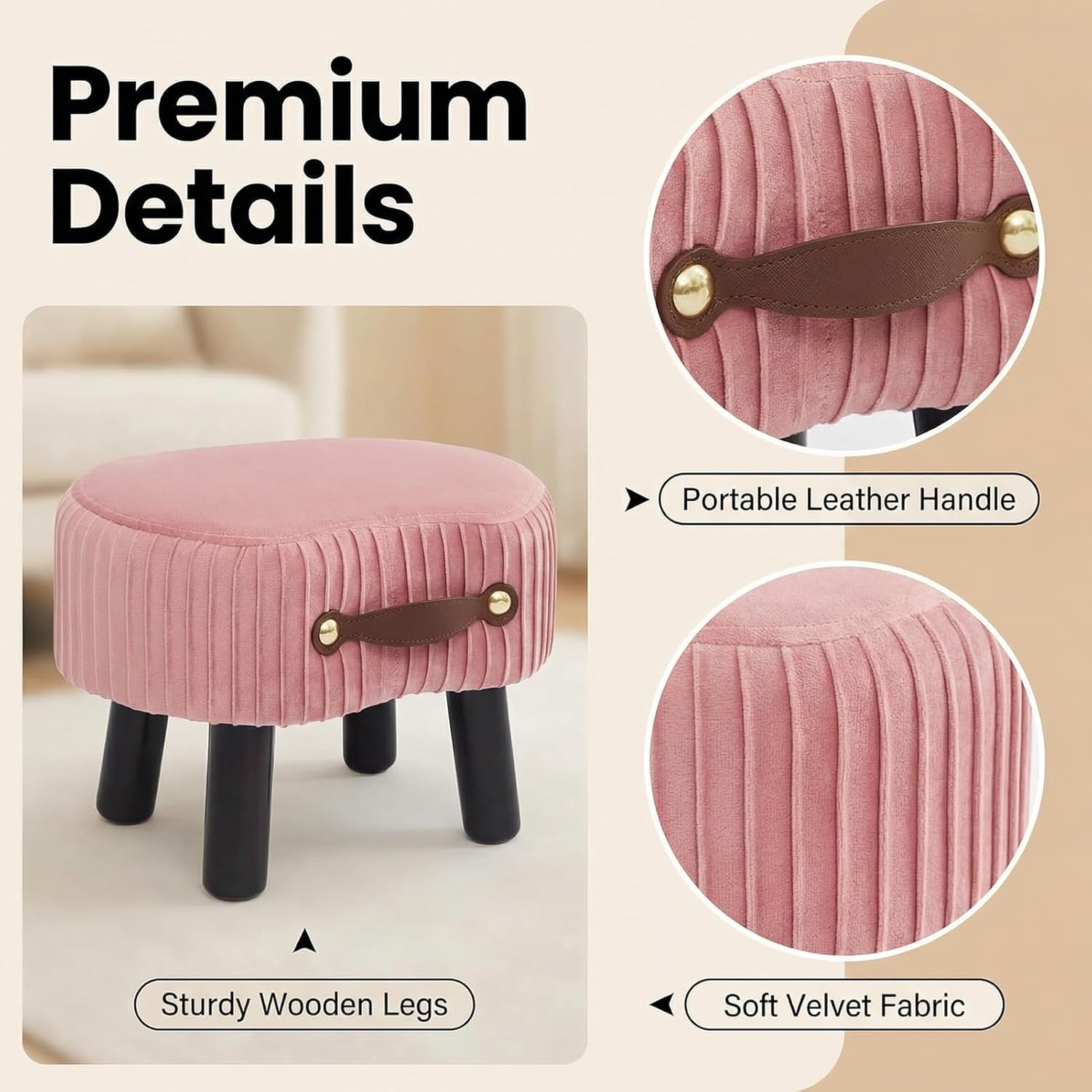 Small Footstool with Handle, Velvet Ottoman Foot Rest with Padded Seat, Curved Foot Stool with Wooden Legs, Portable Foot Rest for Living Room, Bedroom, Entryway, Pink